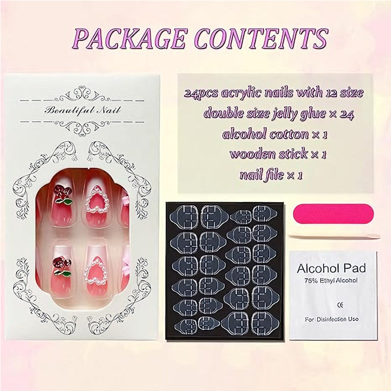 24 PCS Cherry Bow Press-On Nails - Long Square False Nail Tips - Pink