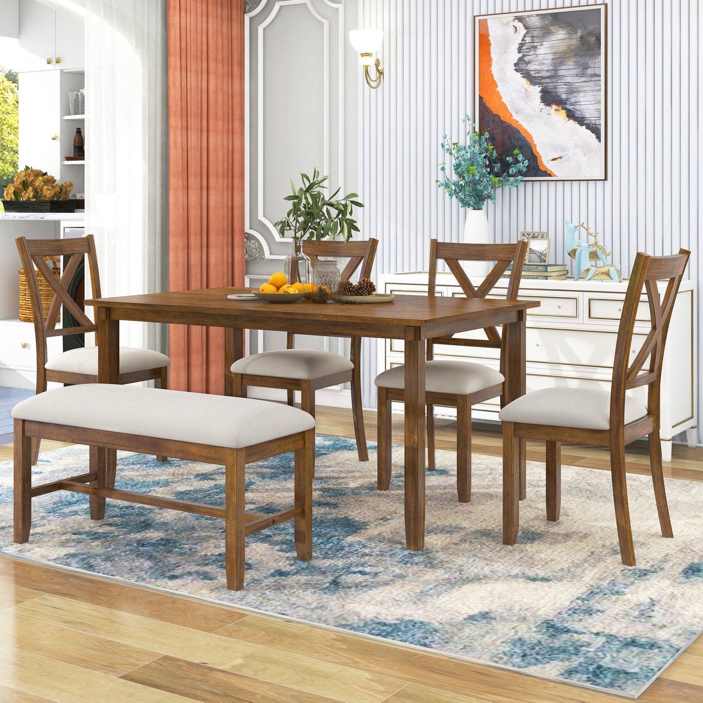 6-Piece Wooden Dining Table Set with Chairs and Bench - Natural Cherry