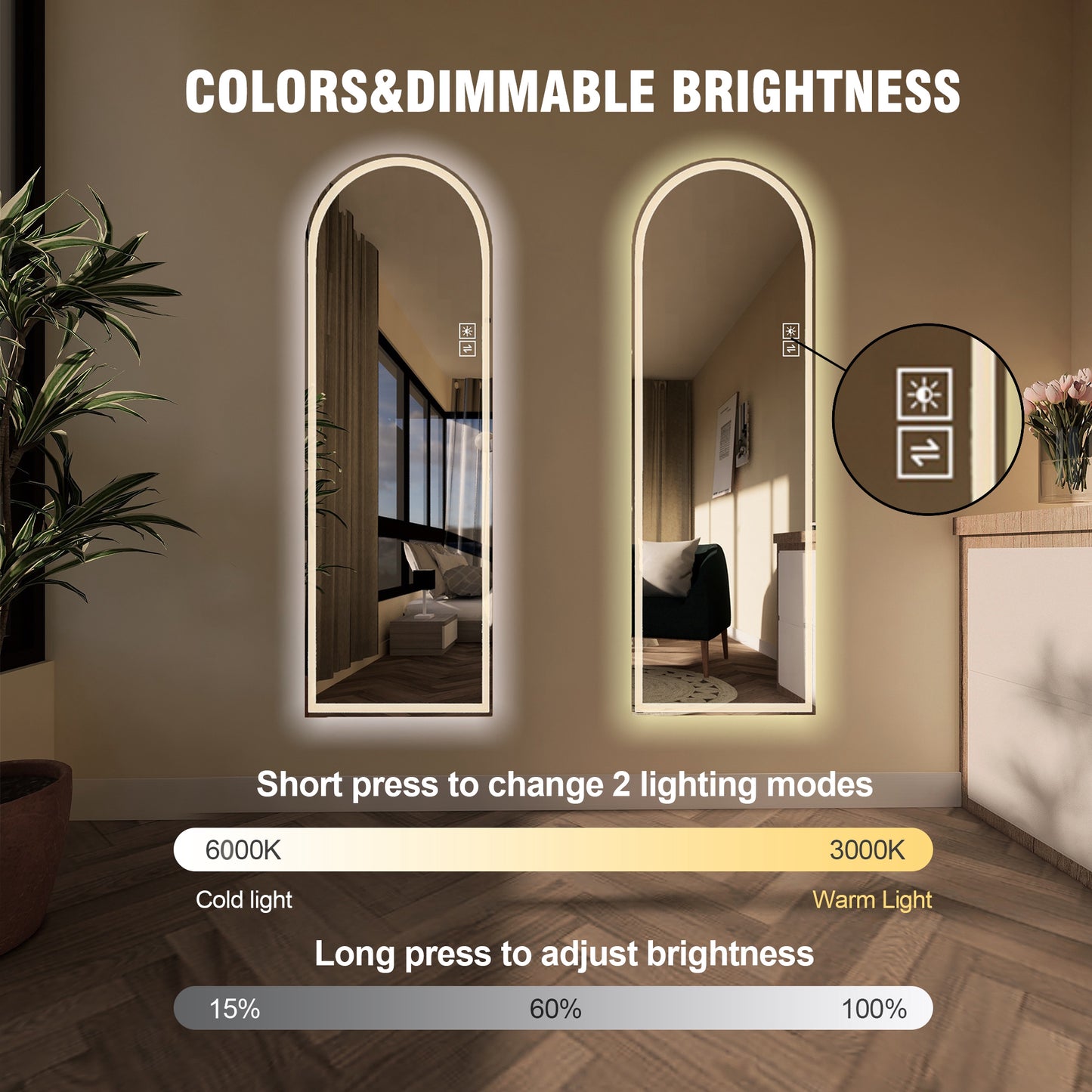 65" x 21" Arch LED Bathroom Mirror - Dimmable Anti-Fog Glass