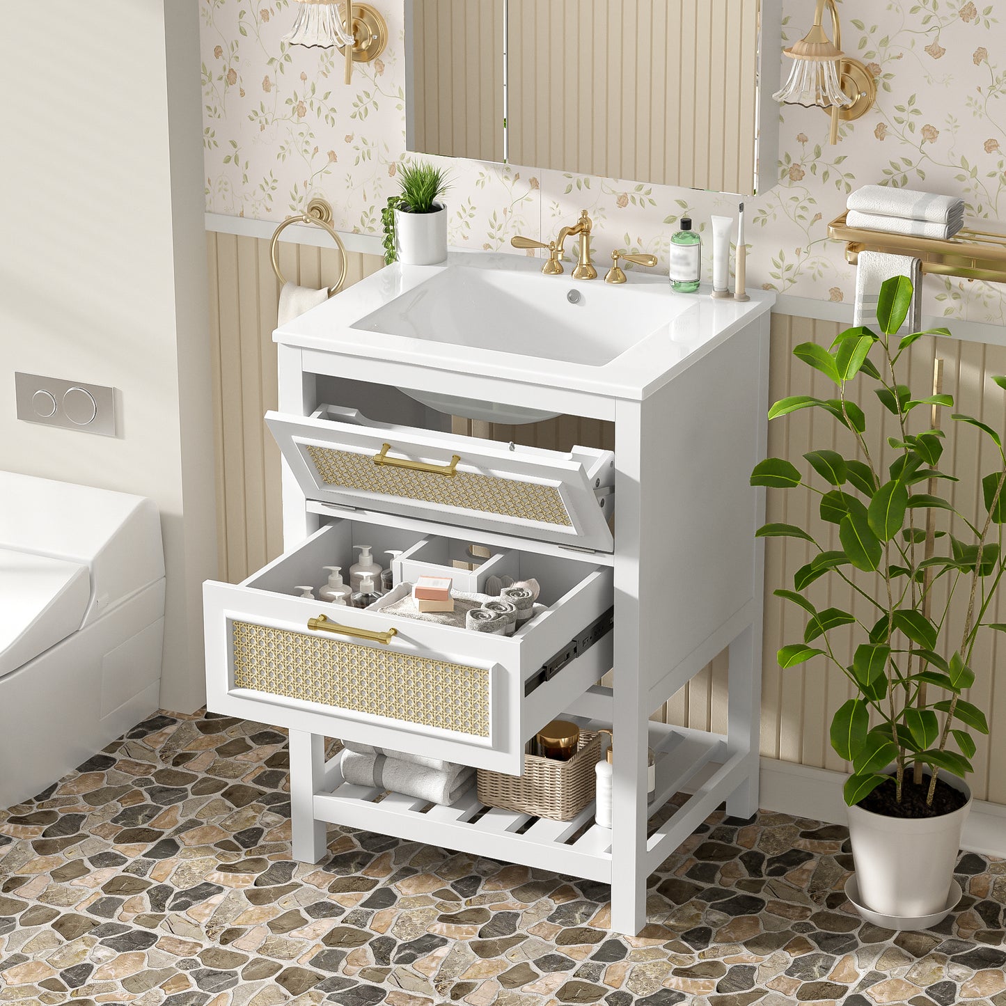 24 Bathroom Vanity With Integrated Ceramic Sink, Cabinet 1 Deep