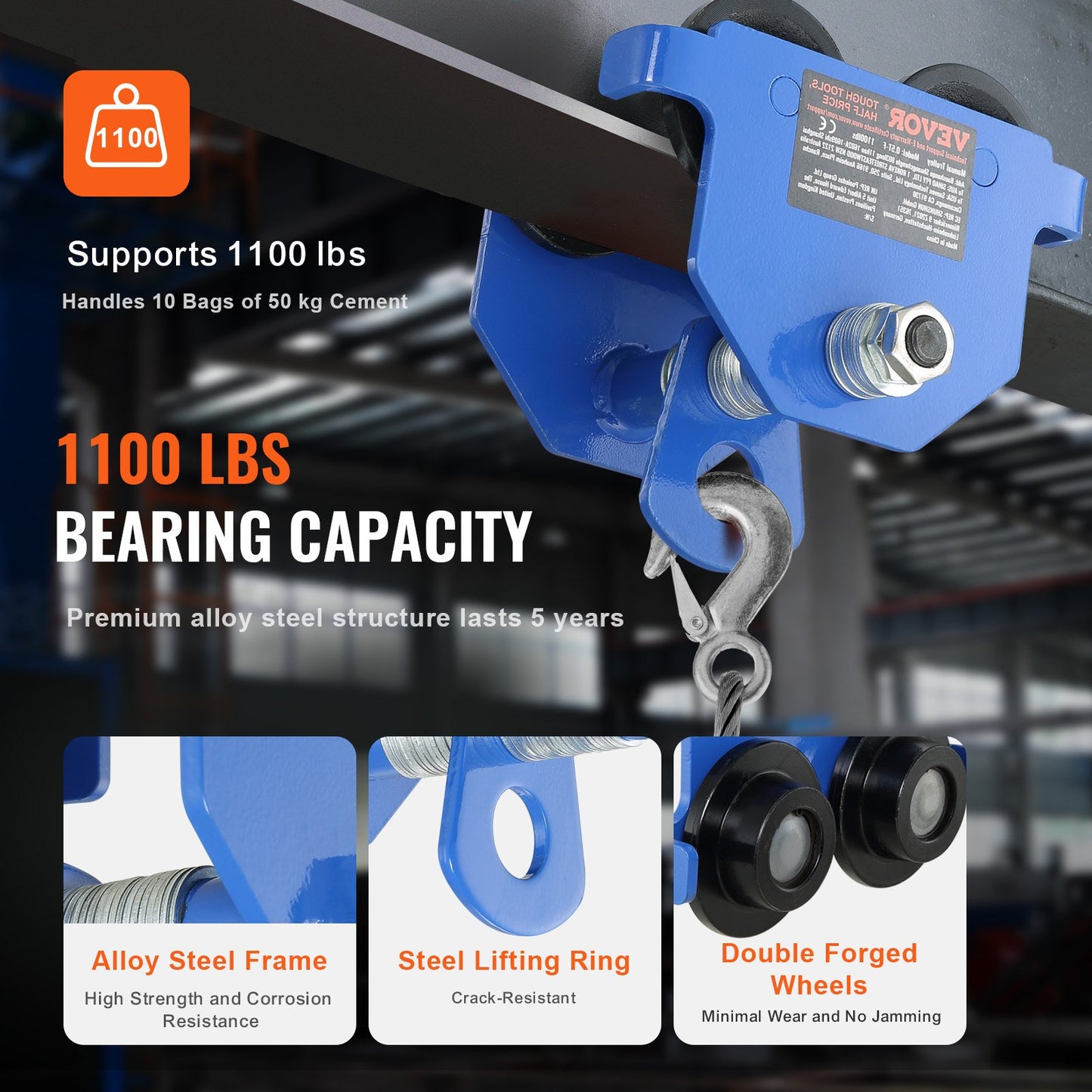 Heavy Duty Manual Trolley for I-Beams - 1100 Lbs Load Capacity Adjustable Steel Garage Hoist