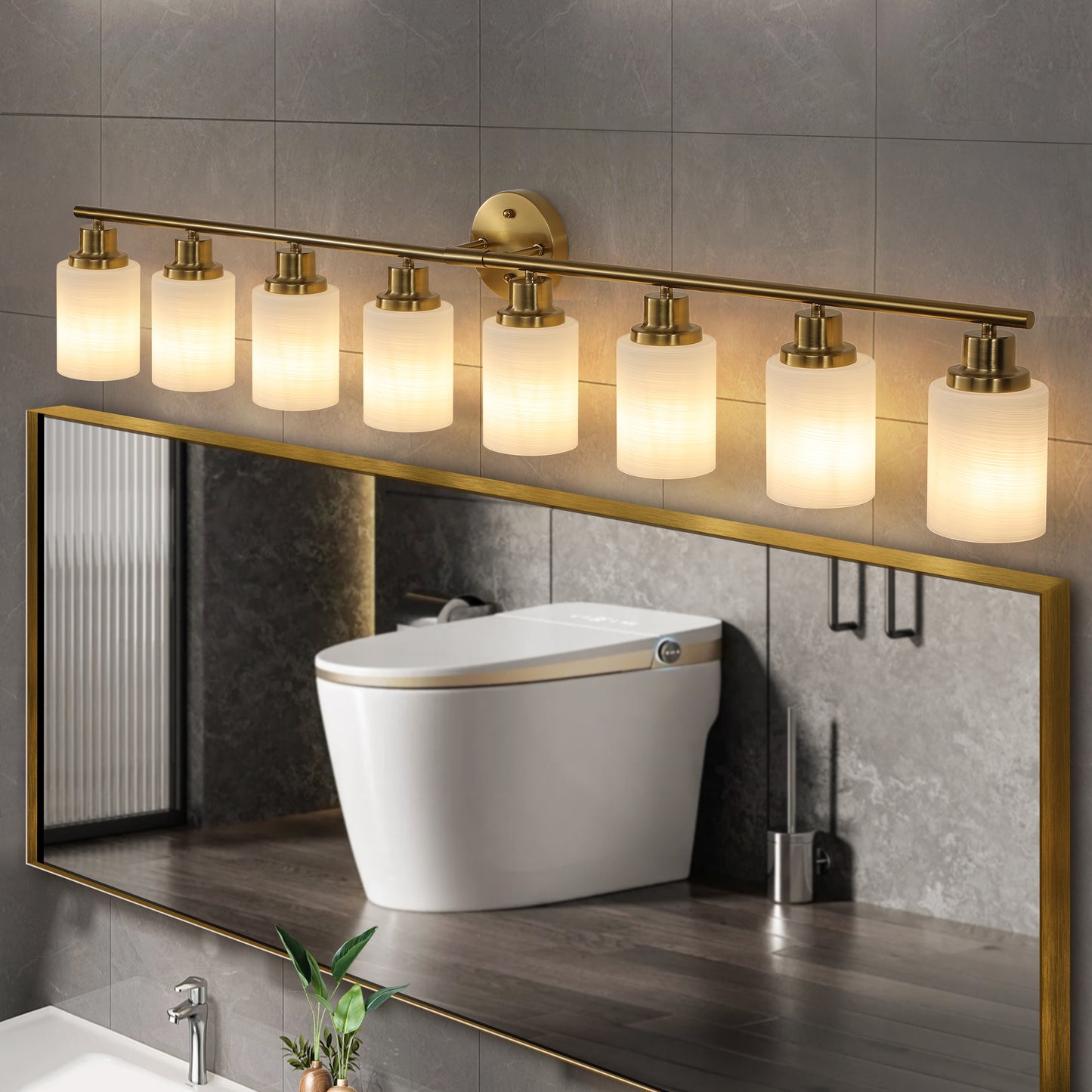 Modern 8-Light Wall Sconce - Golden Finish with Frosted Glass Shades