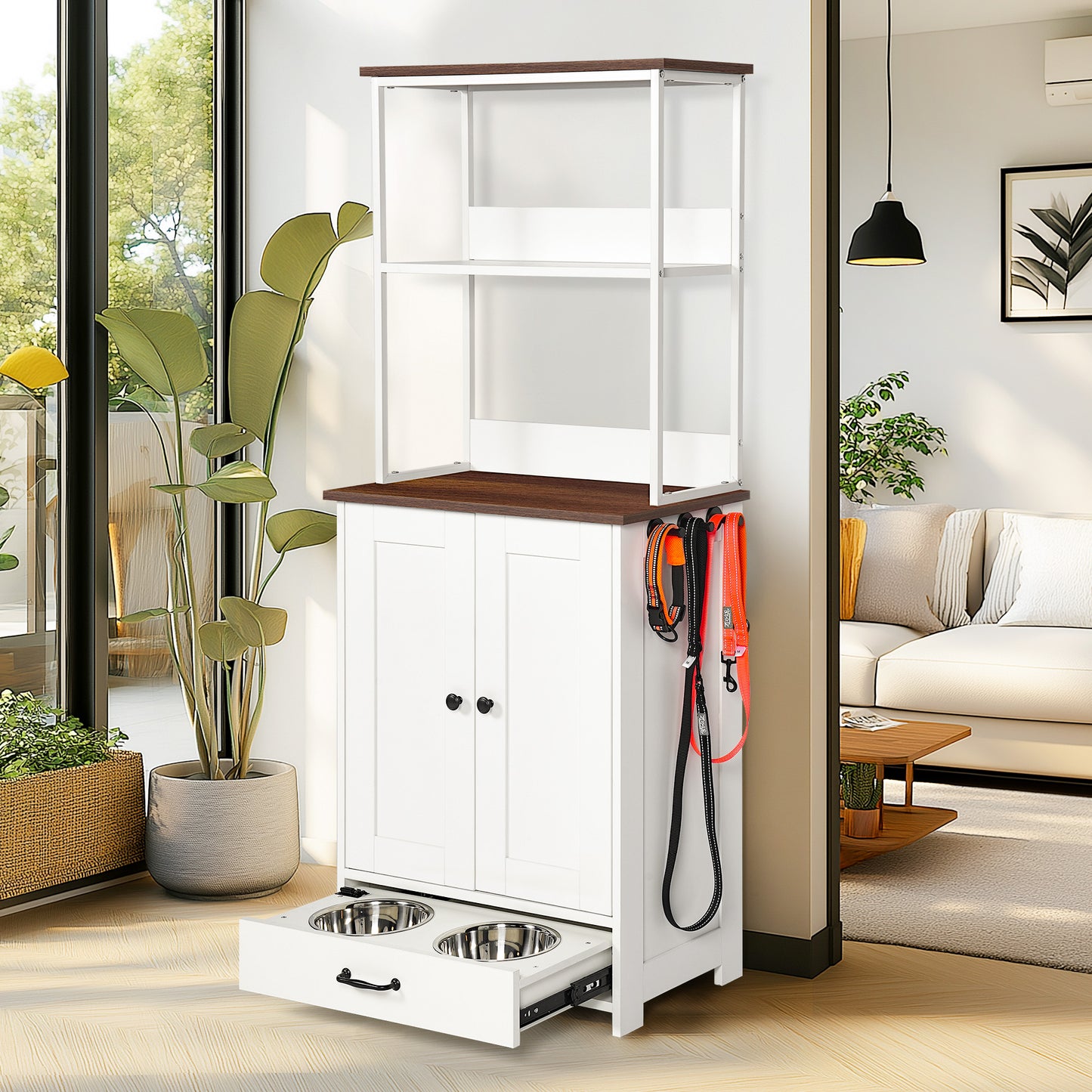 Pet Feeding Station With Bowls, Adjustable Panel, Dog Storage, Feeder