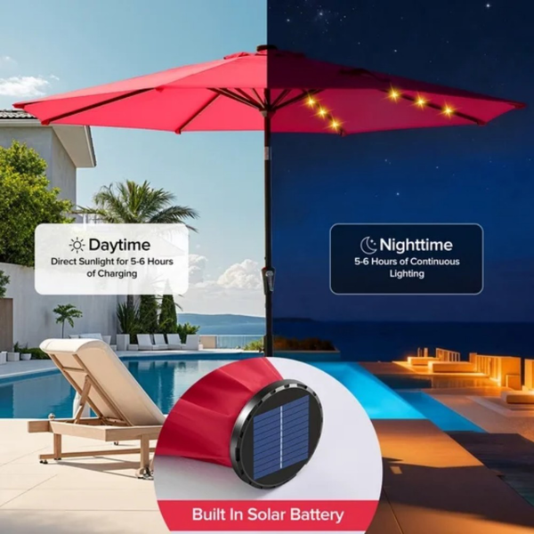 10 Ft Patio Umbrella with LED Solar Lights, Outdoor Sun Shade, Red