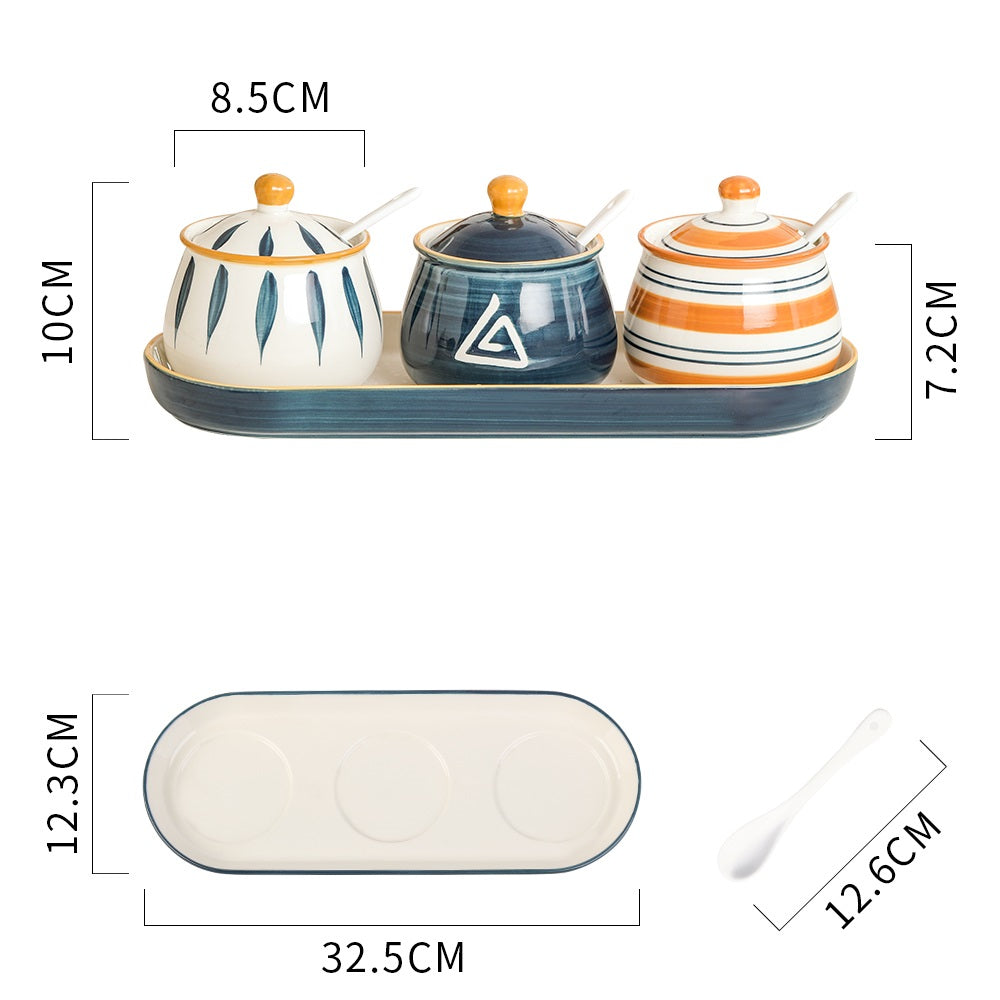 Ceramic Condiment Pot Set with Spoon - Kitchen Tableware, Household