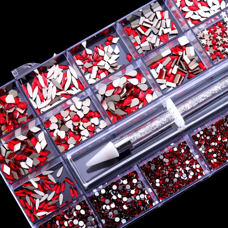 21 Grid Box Nail Rhinestones - Bright Red Crystal Glass
