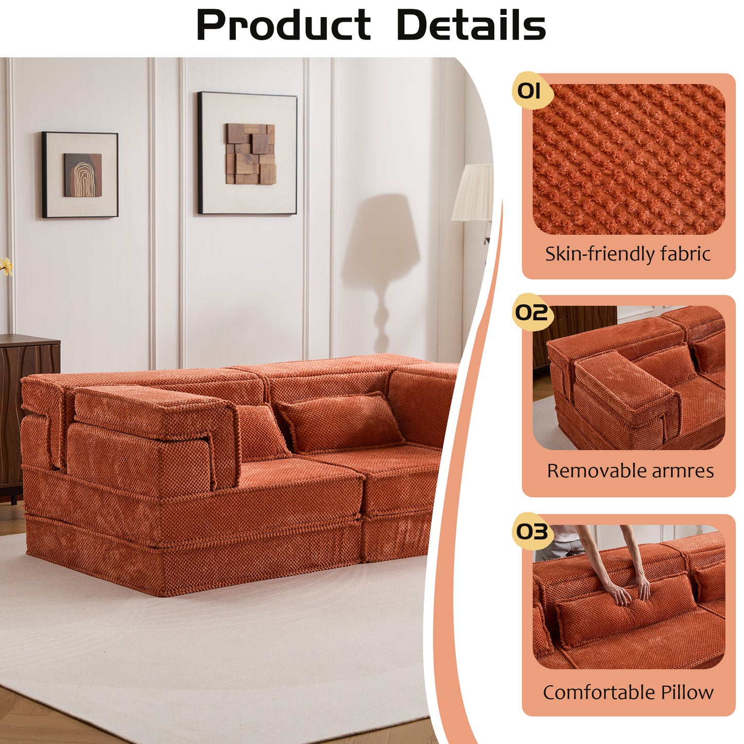 Convertible Floor Sofa Bed - Modern Orange Loveseat with Memory Foam