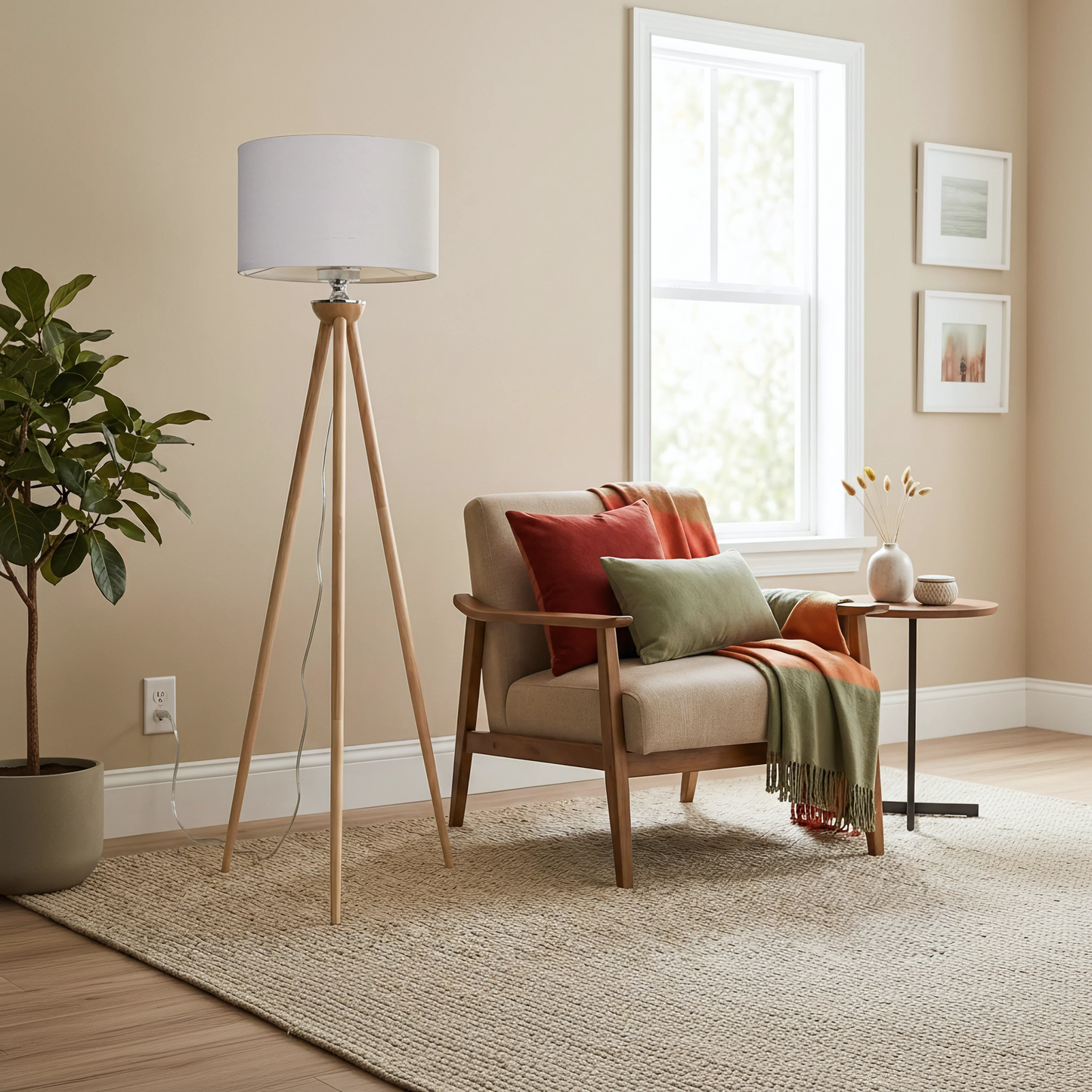 Tall Corner Floor Lamp - Energy Efficient LED Wooden Light - Brown