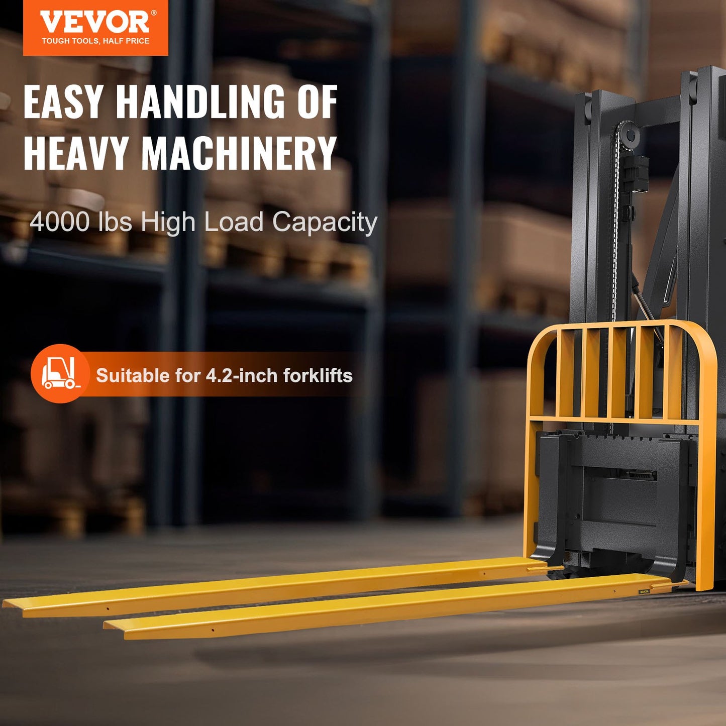Heavy Duty Pallet Fork Extensions 96 Inch Length for Forklifts, Carbon Steel, Yellow