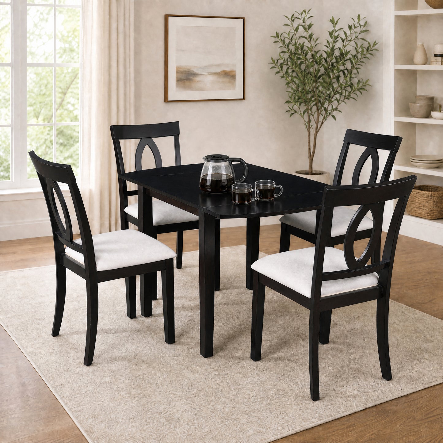 Drop Leaf Dining Table Set with 2 Upholstered Chairs - Dark Brown