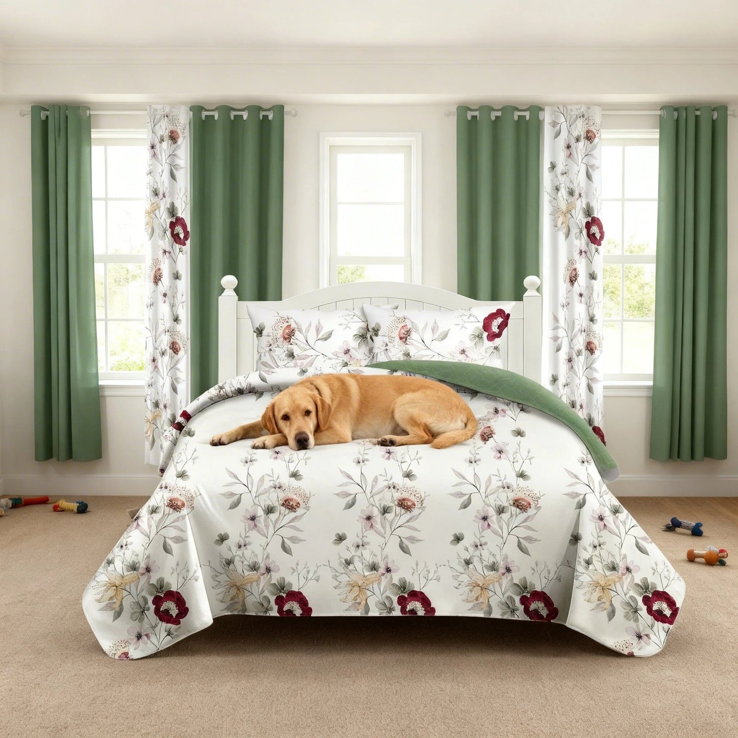 9-Piece Quilt and Curtain Set - Sage Green Floral Design
