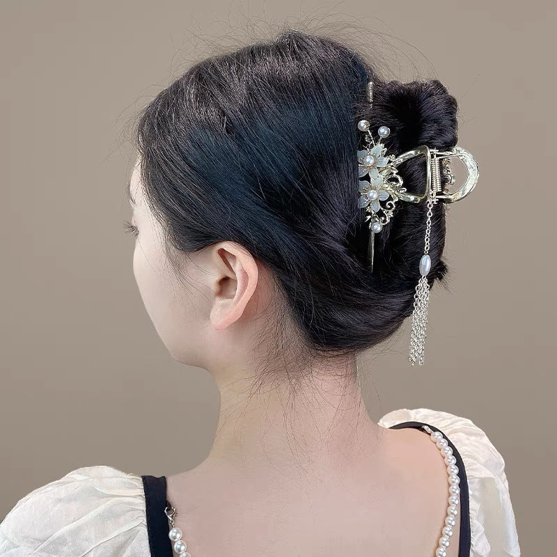 Antique Metal Hair Clip with Tassel & Pearl Detail