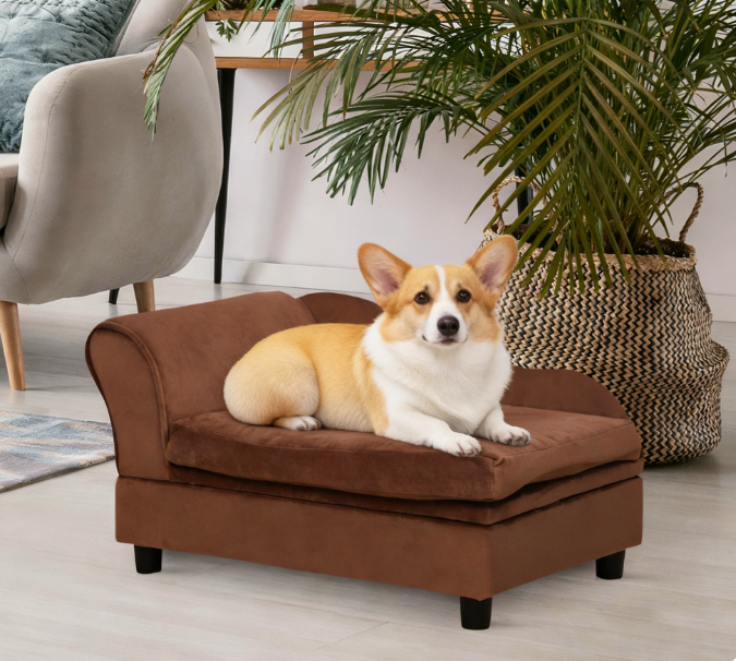 Small Dog Sofa Bed with Storage and Cushion, Brown Pet Furniture