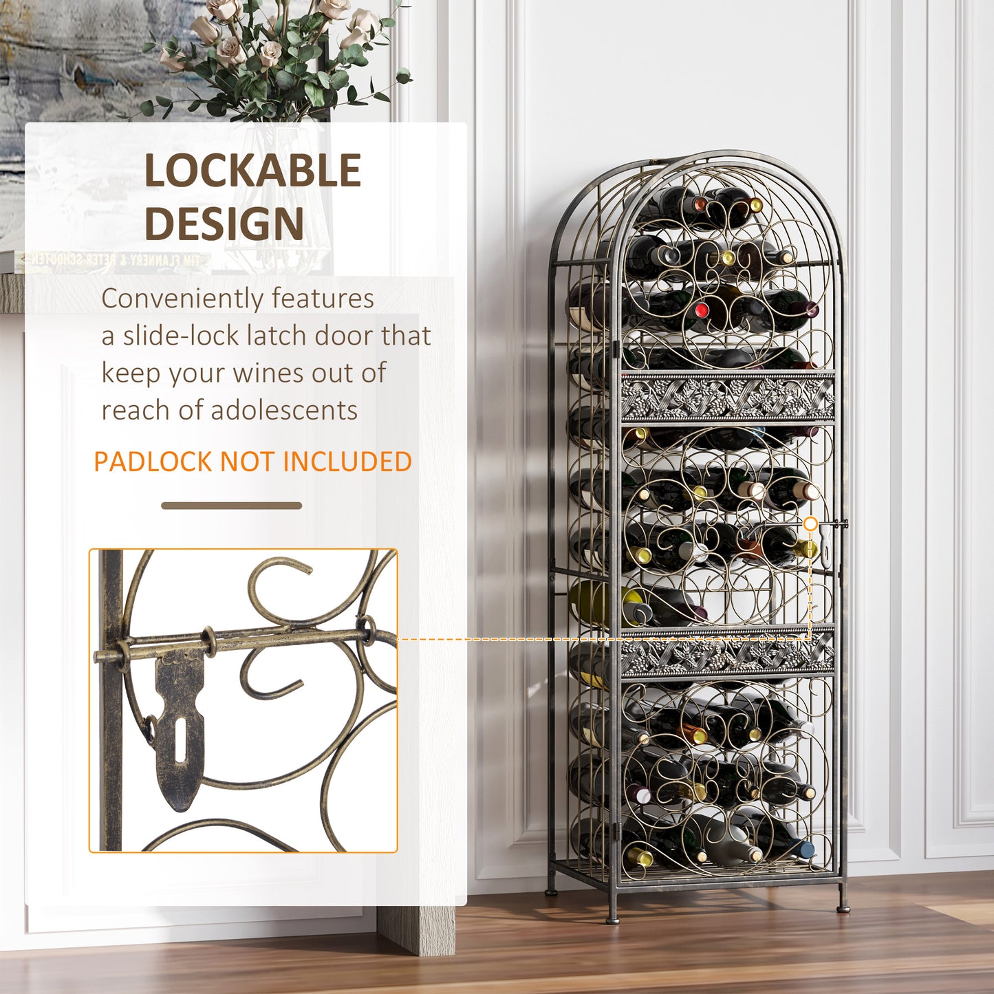 Wrought Iron Wine Rack with Lock - 45 Bottle Holder, Antique Bronze