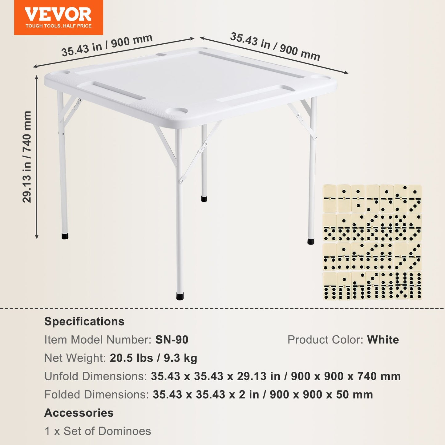 Folding Mahjong Table for 4 Players with Cup Holders - White