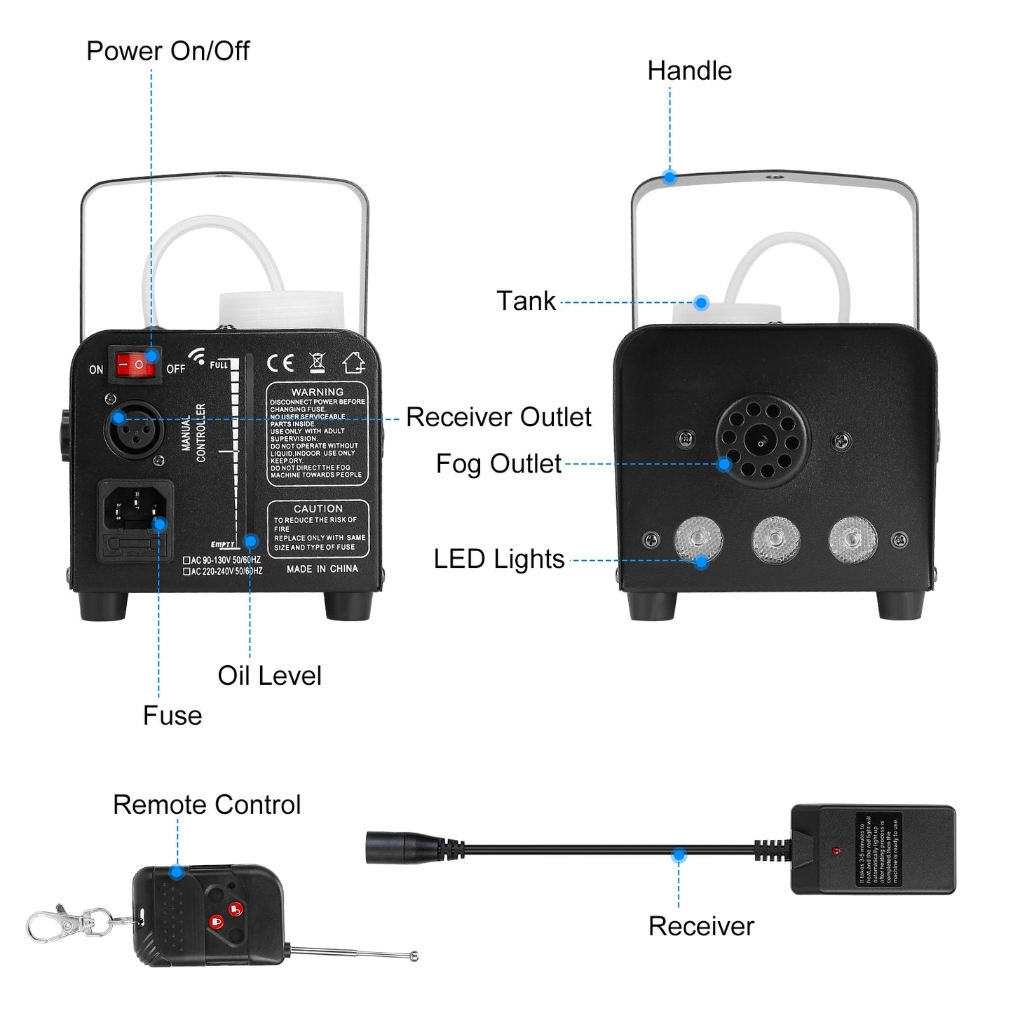 400W Fog Machine with RGB LED Lights & Remote Control - Black