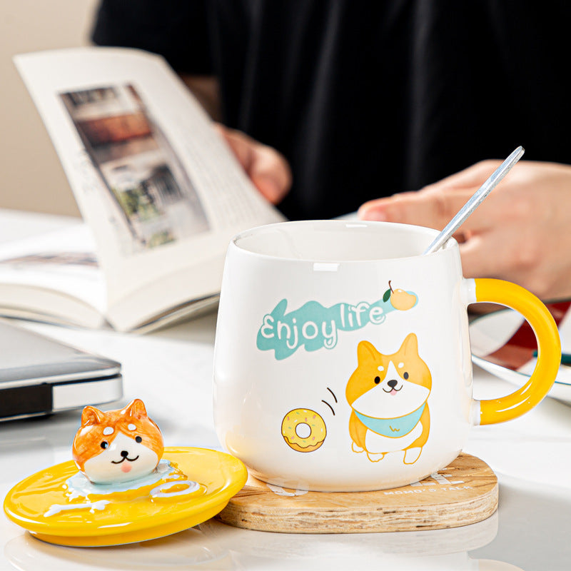 Cute Cartoon Ceramic Mug with Lid and Spoon - 4 Styles, 301-400ml