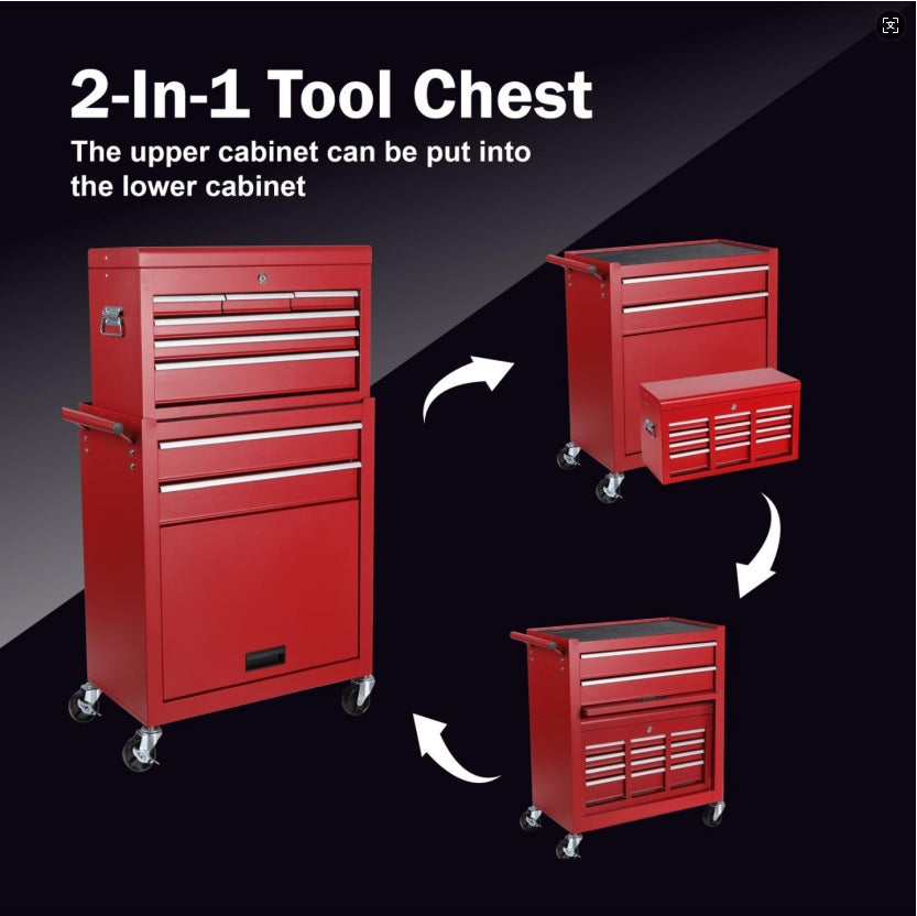 8-Drawer Tool Cabinet Combo with Lock - Red Rolling Storage Chest