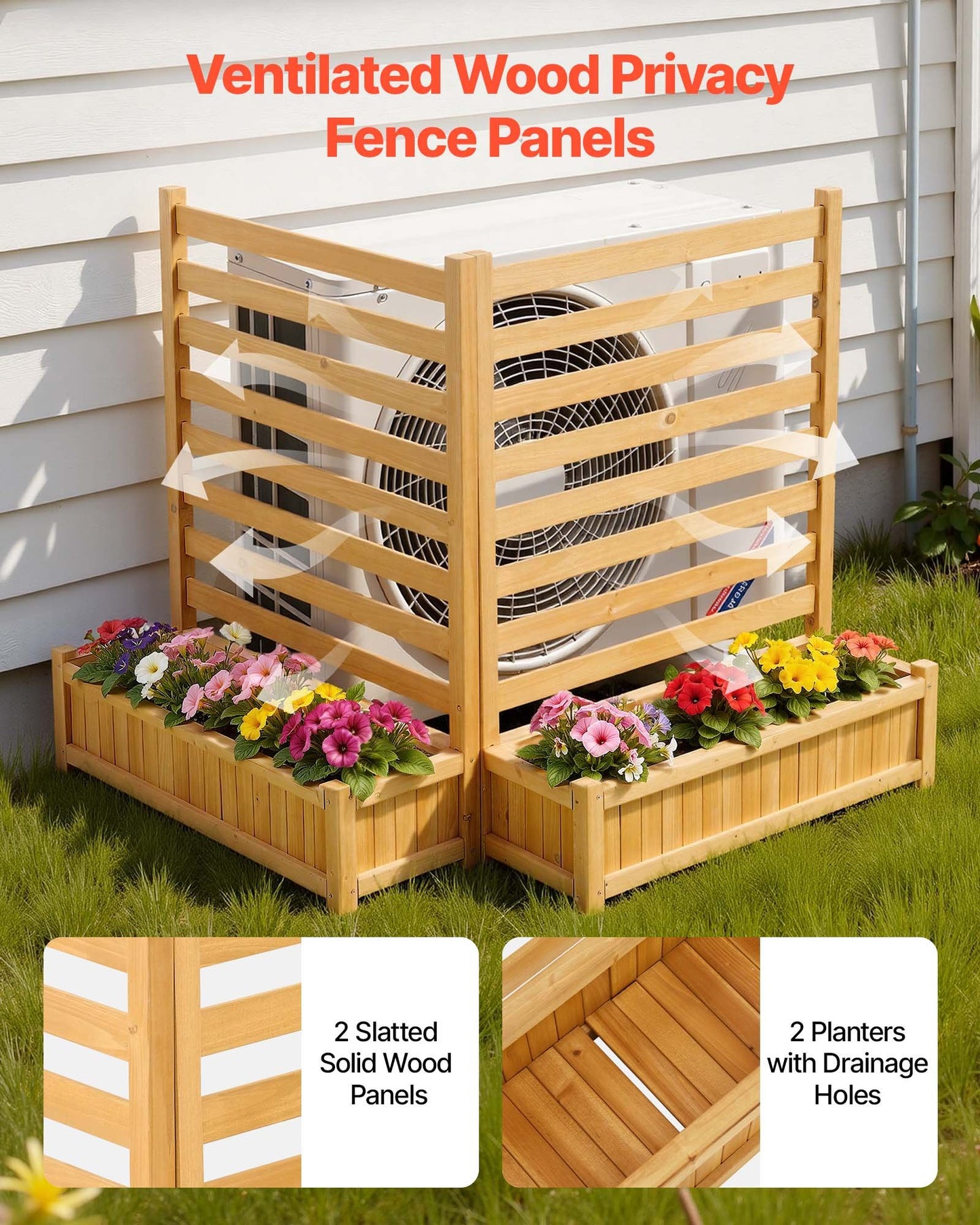 Wooden Privacy Fence Panel with Planters for Garden and Pool - 36x45 Inch Black