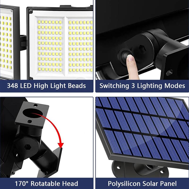 Outdoor Solar Motion Sensor Light 348 LEDs Waterproof 3-Head Security Lamp with Remote