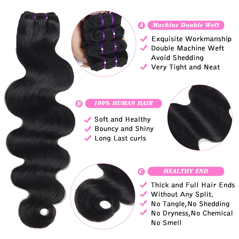 Body Wave Human Hair Bundle Extensions - Natural Black Virgin Hair