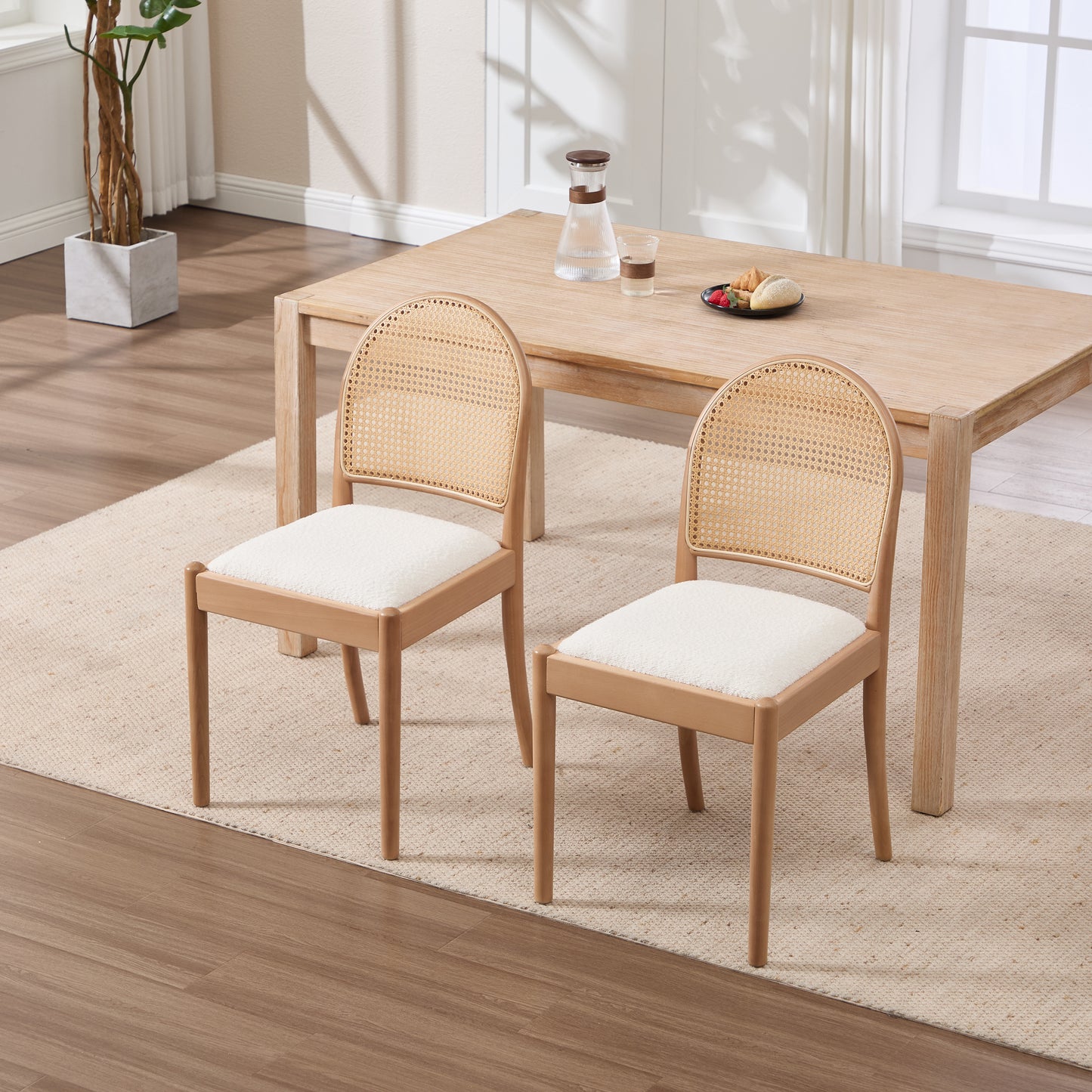Beige Rattan Dining Chairs Set of 2 - Upholstered Kitchen Seating