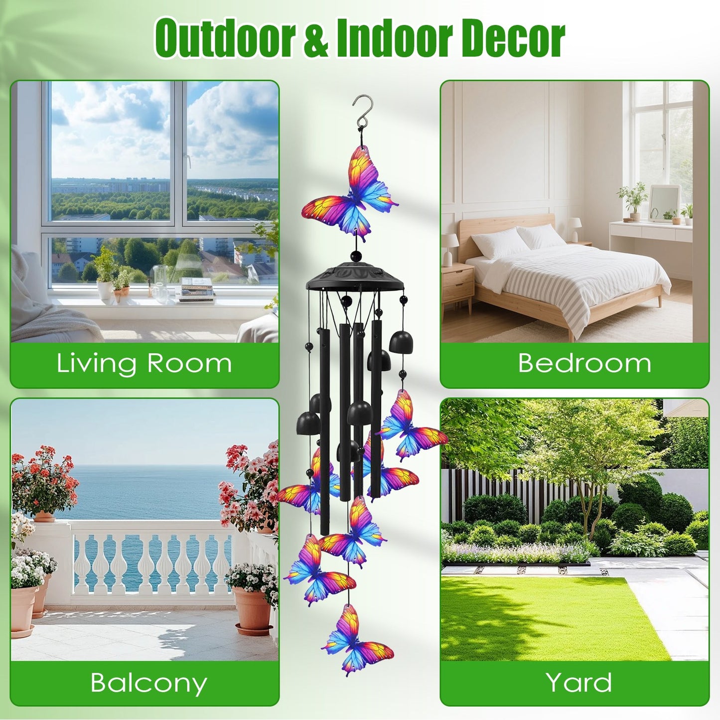 Outdoor Metal Wind Chimes with Aluminum Tubes for Garden Yard Patio Decor - Butterfly & Hummingbird Variants