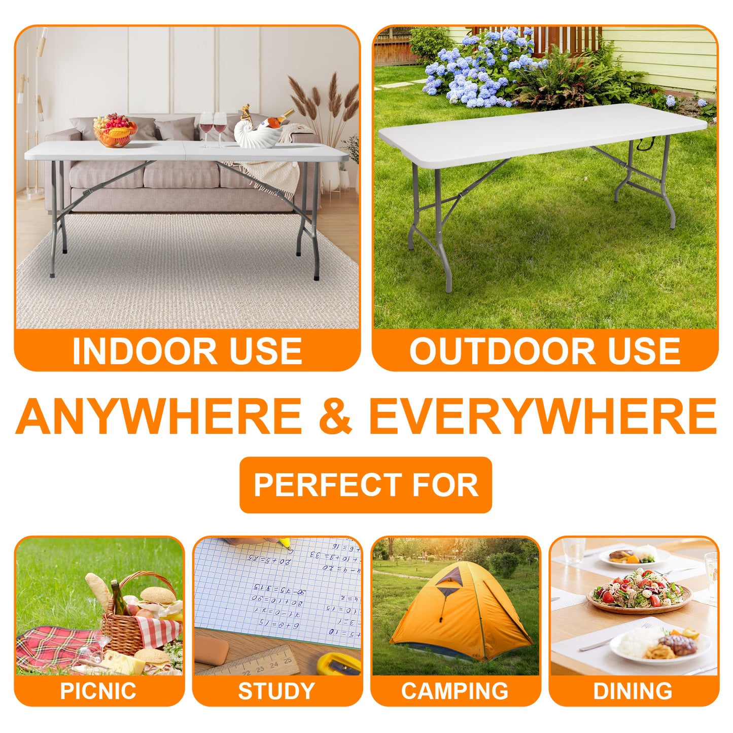 6ft Folding Table - Heavy Duty Portable for Indoor & Outdoor Use