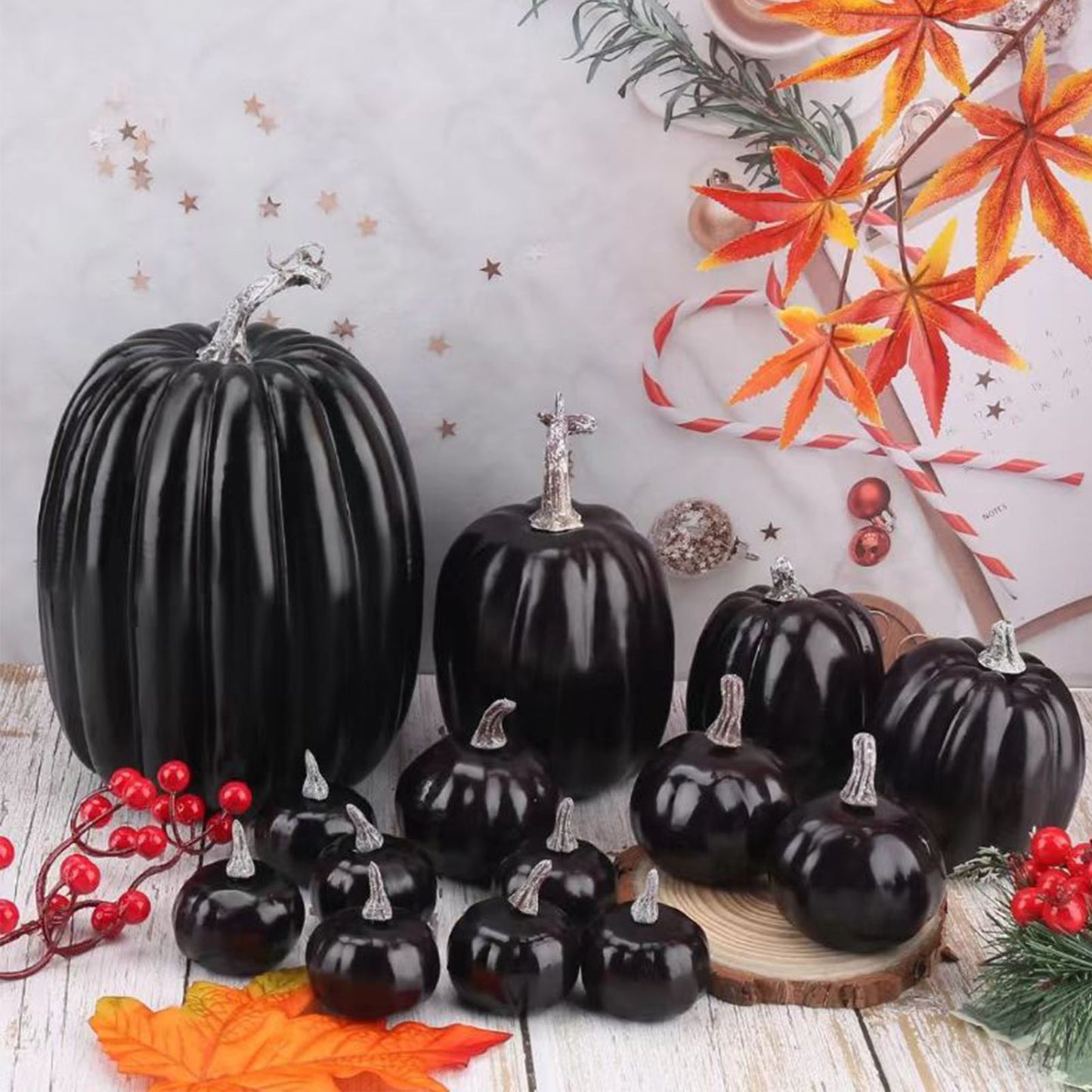 14pcs Black Foam Artificial Pumpkins for Fall Decorations