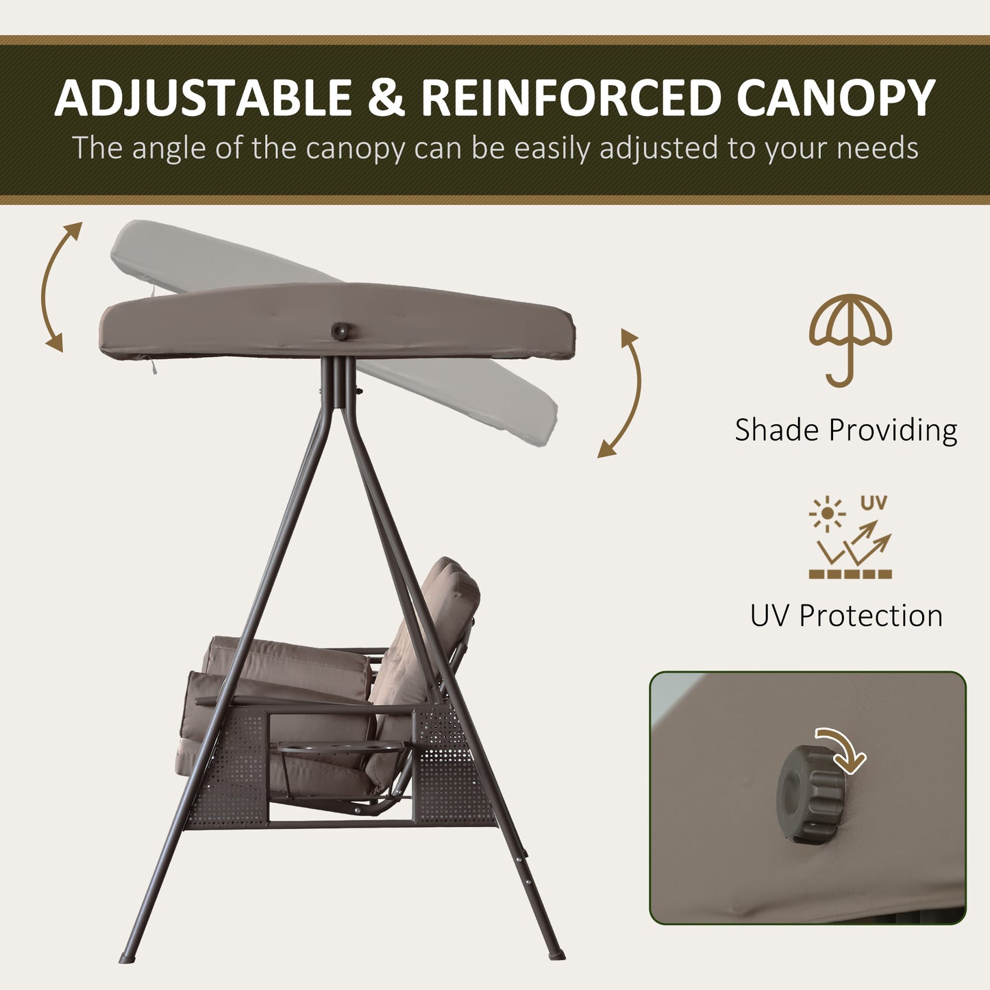 3-Person Steel Canopy Patio Swing Bench with Cushions - Brown