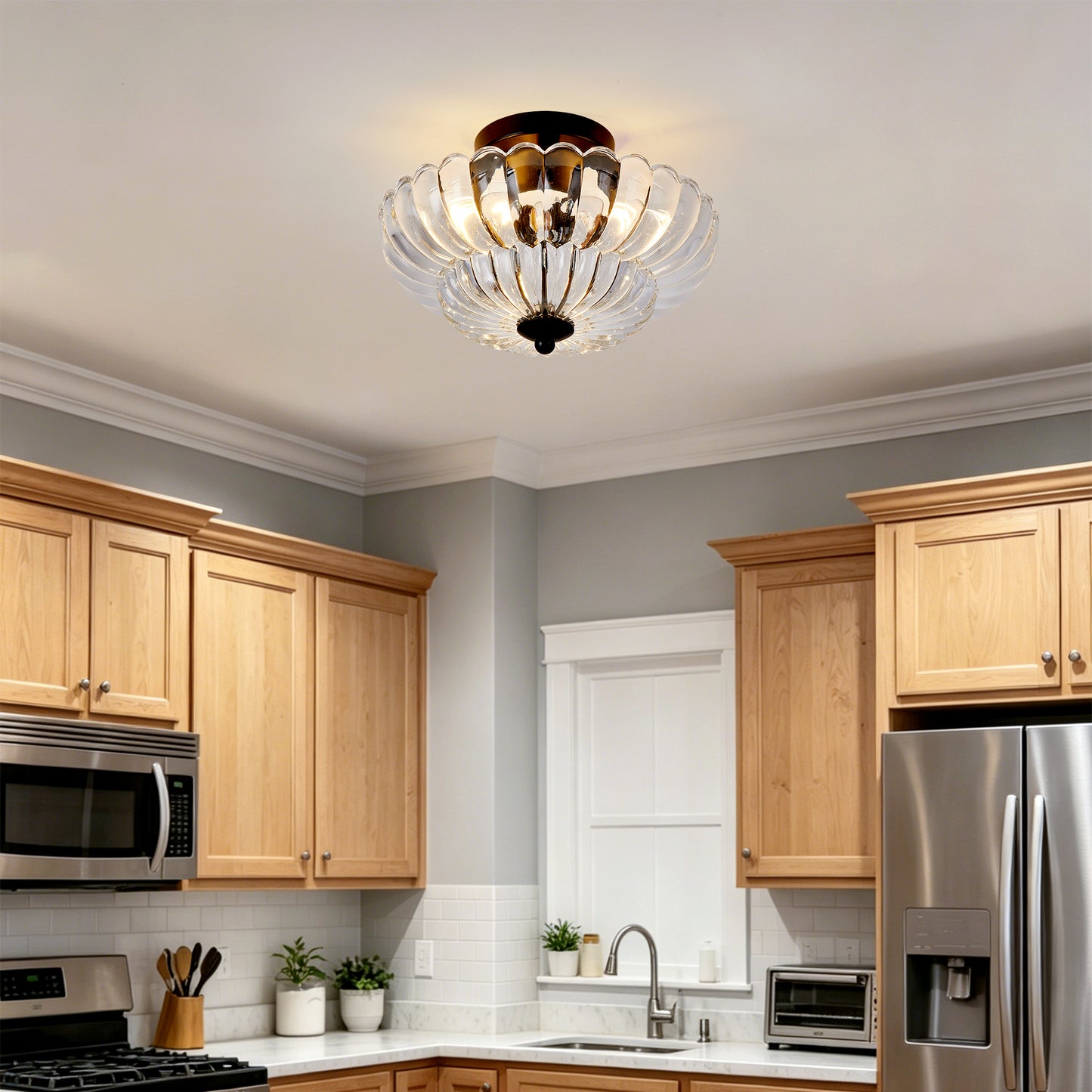 3-Bulb Semi Flush Mount Ceiling Light with Floral Glass Shades - Smoky Gray & Clear Variants