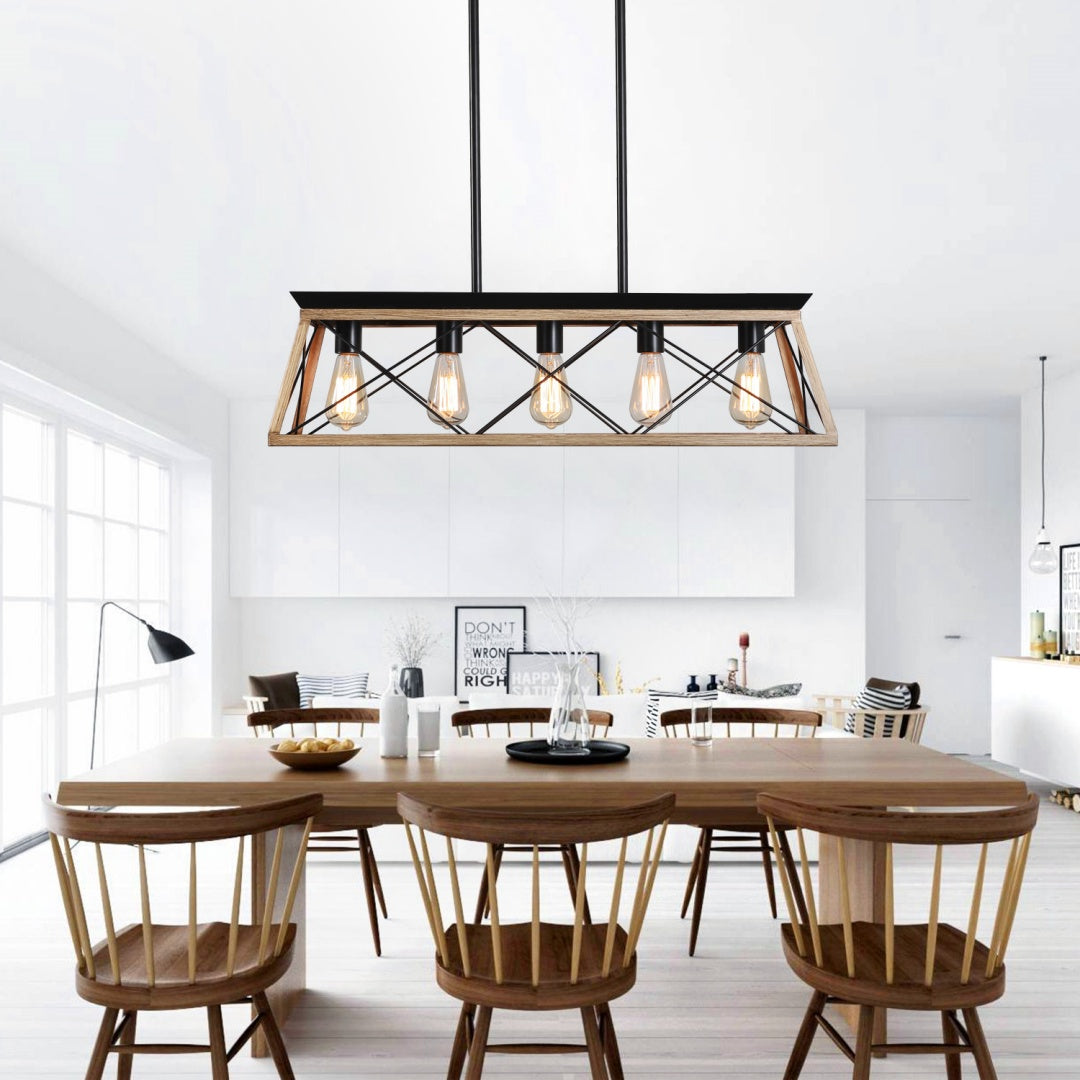 32-Inch Oak Industrial 5-Light Pendant Chandelier - Adjustable