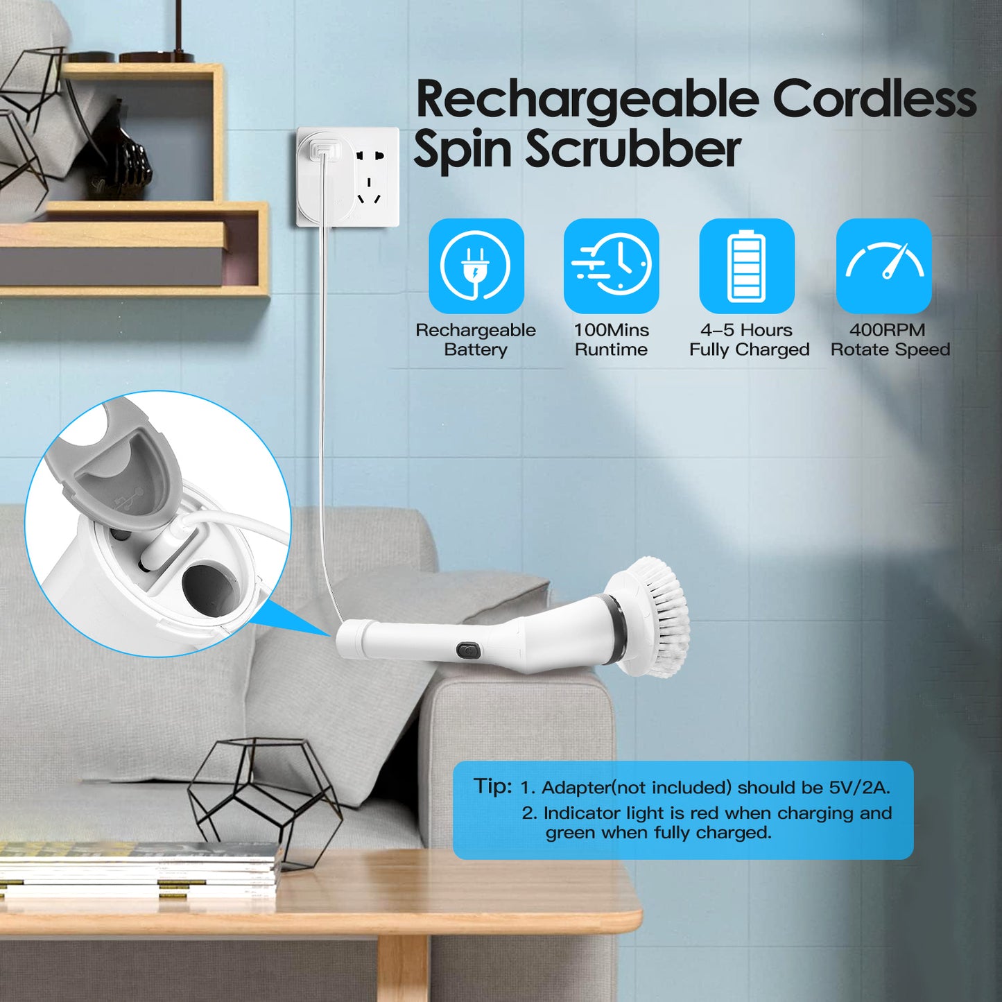 Electric Spin Scrubber Cordless Rechargeable Bathroom Tile Floor Cleaner with 6 Replaceable Heads