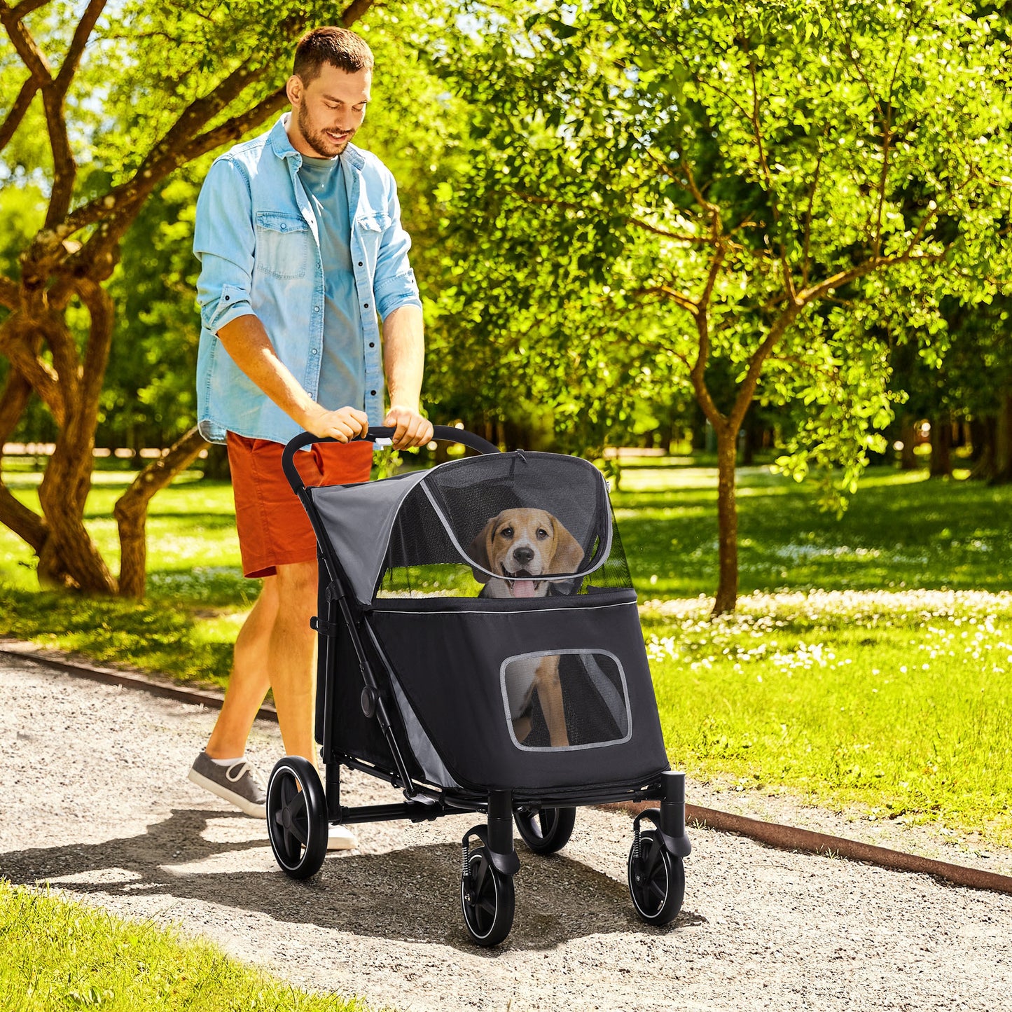Foldable Dog Stroller for Large & Medium Dogs up to 66 Lbs. with Mesh Window