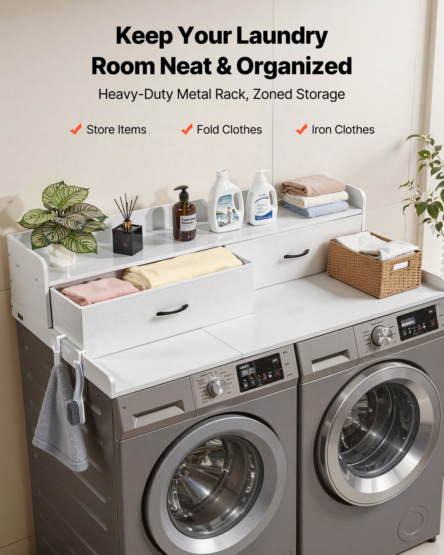 Washer Dryer Countertop with Shelf and Drawers - Laundry Storage, White