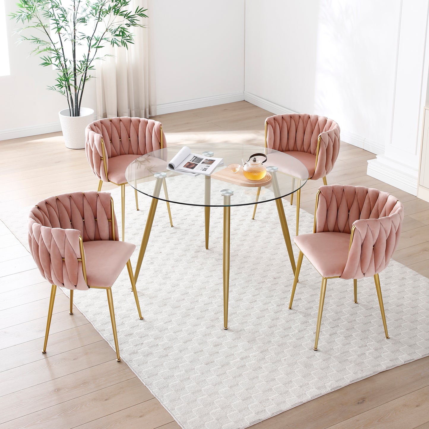 Pink Velvet Dining Chairs Set of 2 with Gold Metal Legs