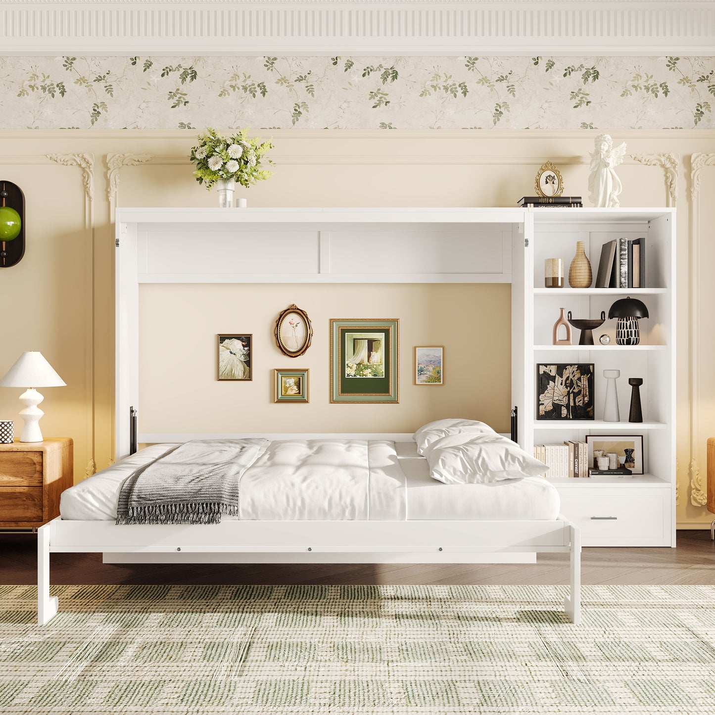 Queen Size Murphy Bed With Height Adjustable Storage Compartments And
