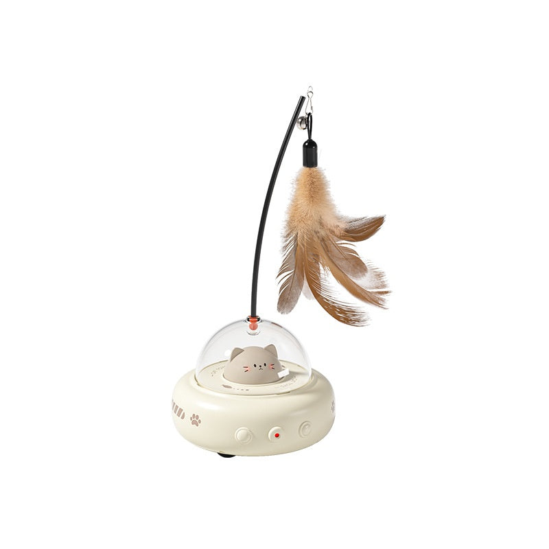 Electric UFO Cat Teaser Toy with Bell & Replaceable Feathers, USB Rechargeable Pet Chase Toy