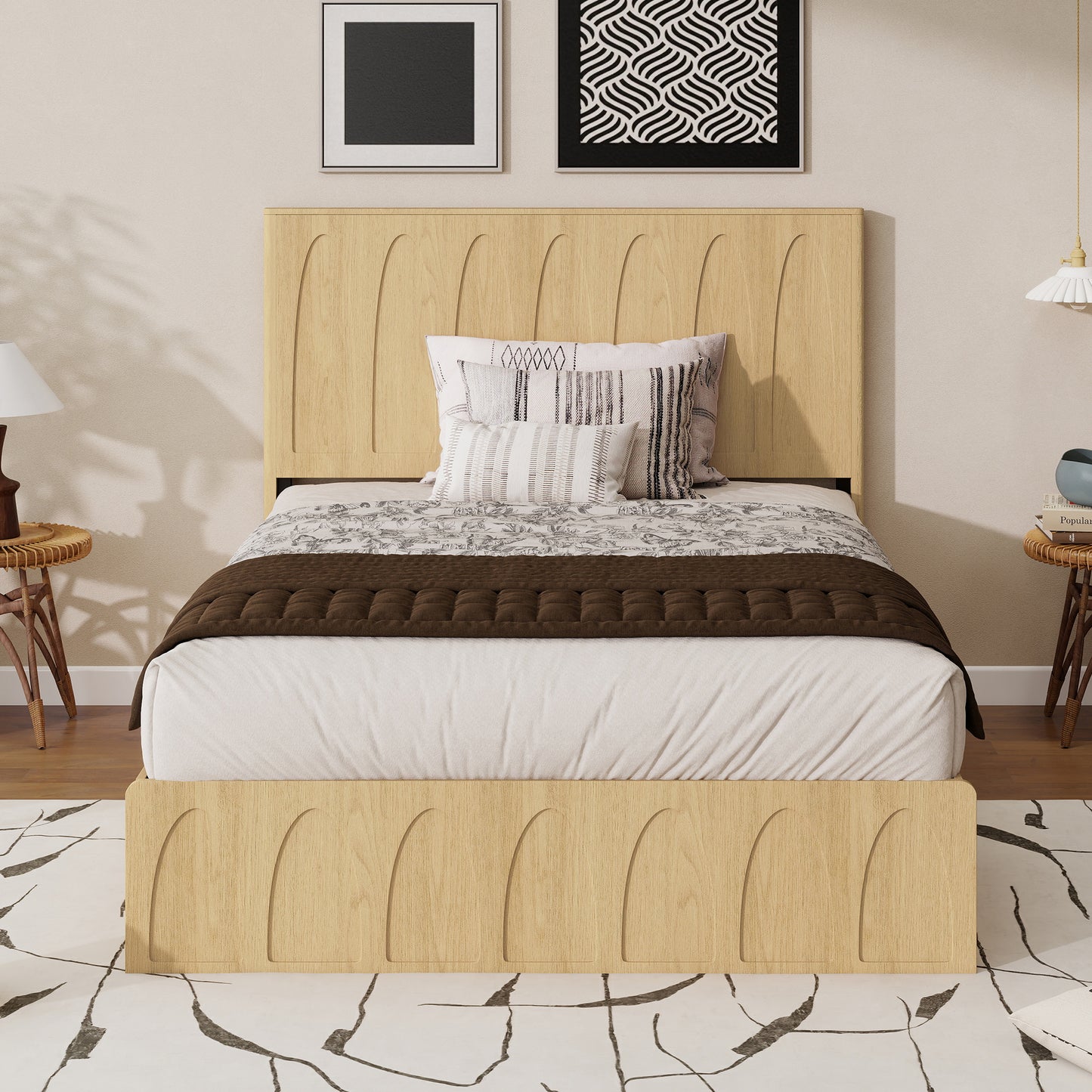 Queen Size Solid Wood Platform Bed Frame with Storage Drawers - Oak