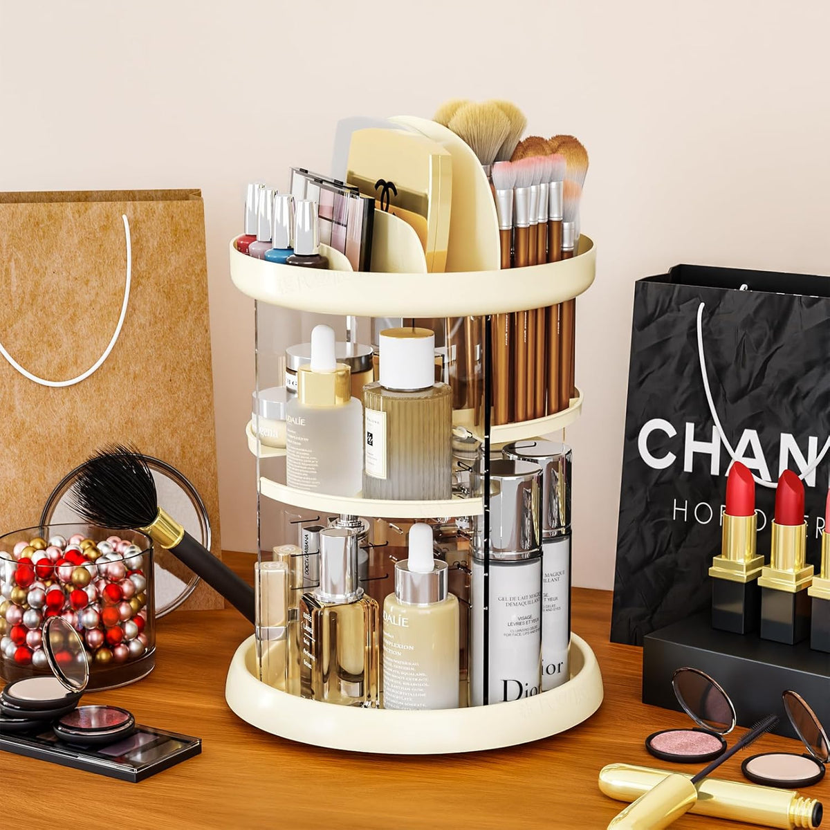 360 Rotating Makeup Organizer with Adjustable Shelves Clear Acrylic Vanity Storage