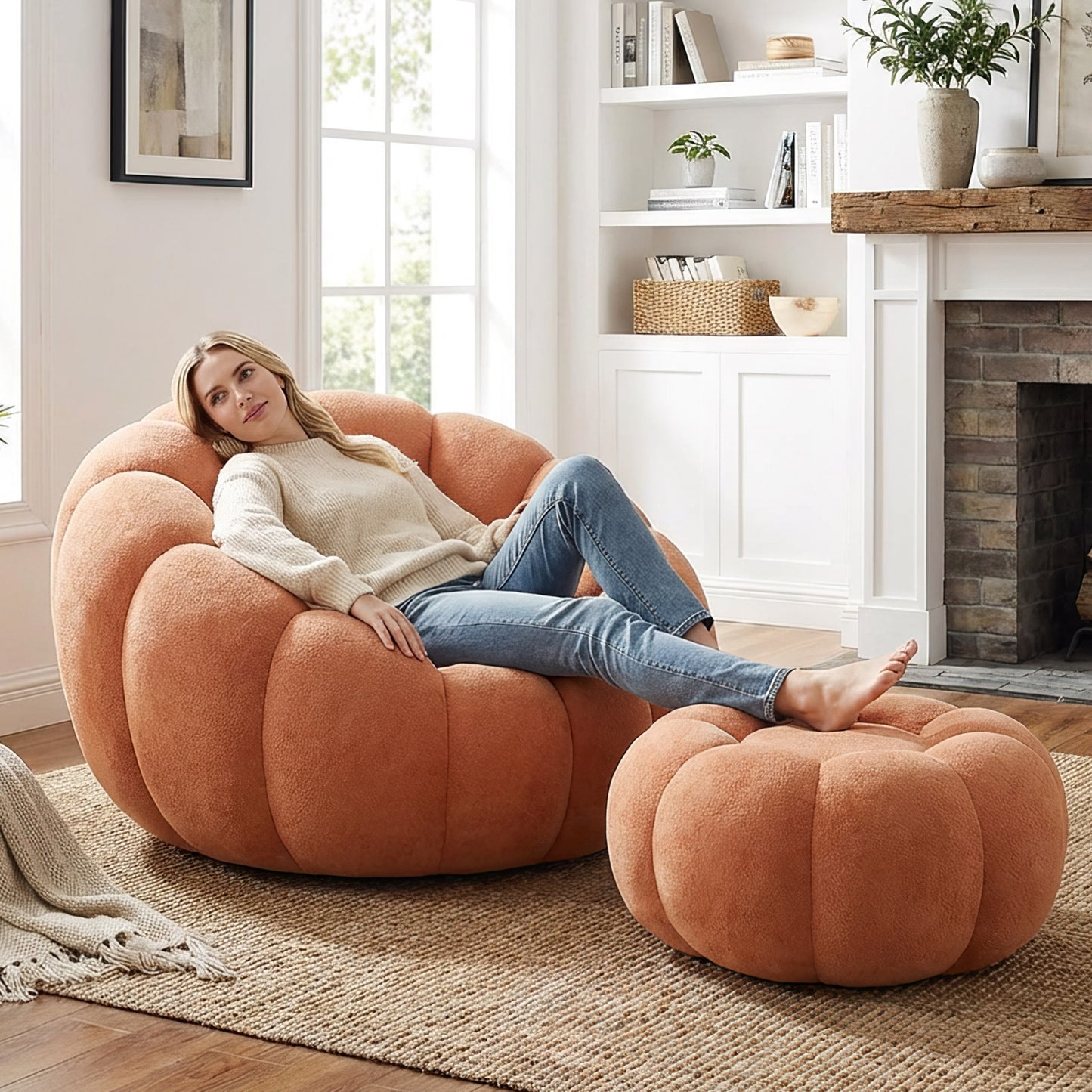 Pumpkin Shape Lounge Chair with Footstool - Brown