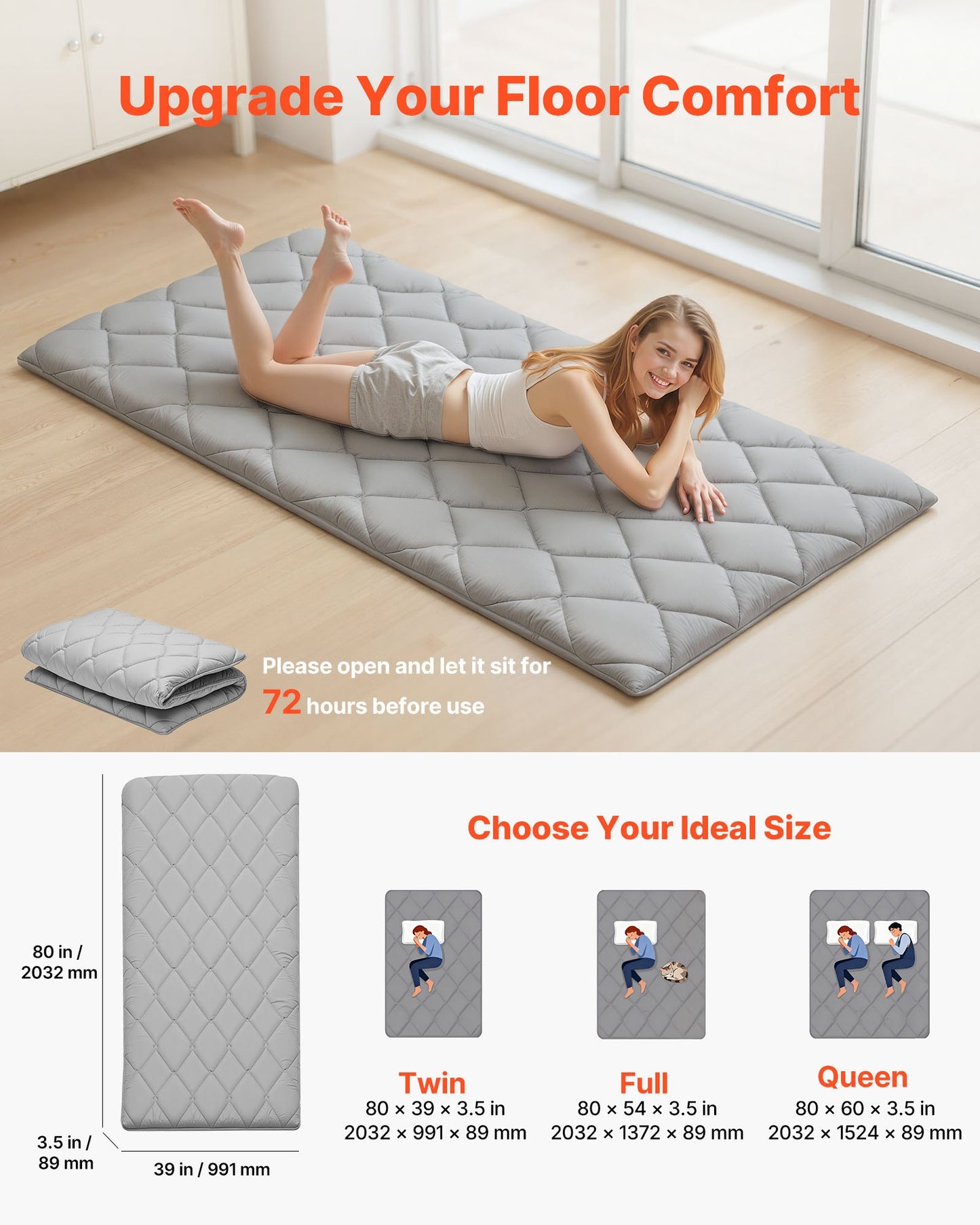 Foldable Japanese Tatami Mattress - Twin Size Floor Bed with Storage Bag, Gray