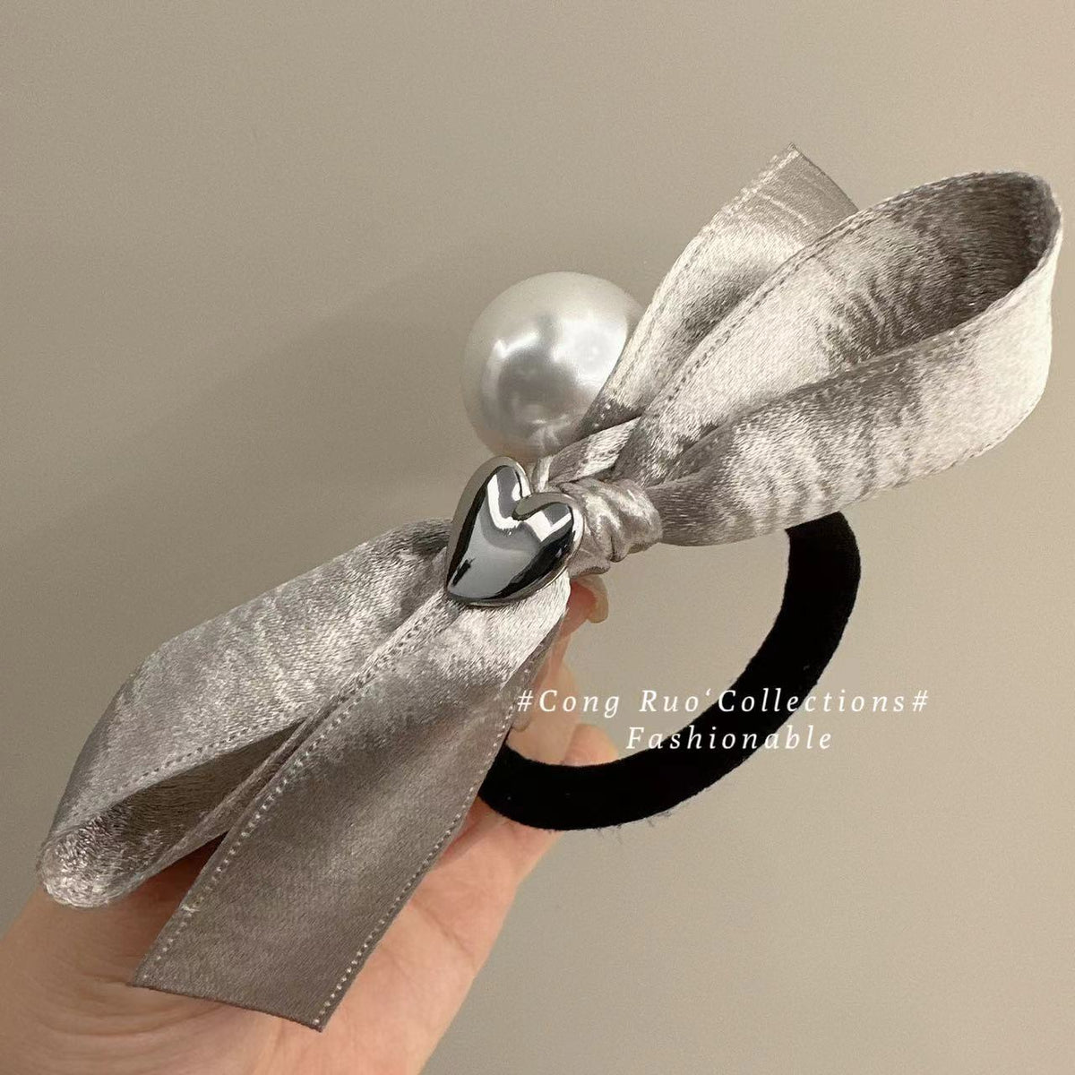 Pearl Bowknot Hair Scrunchie - Heart Design