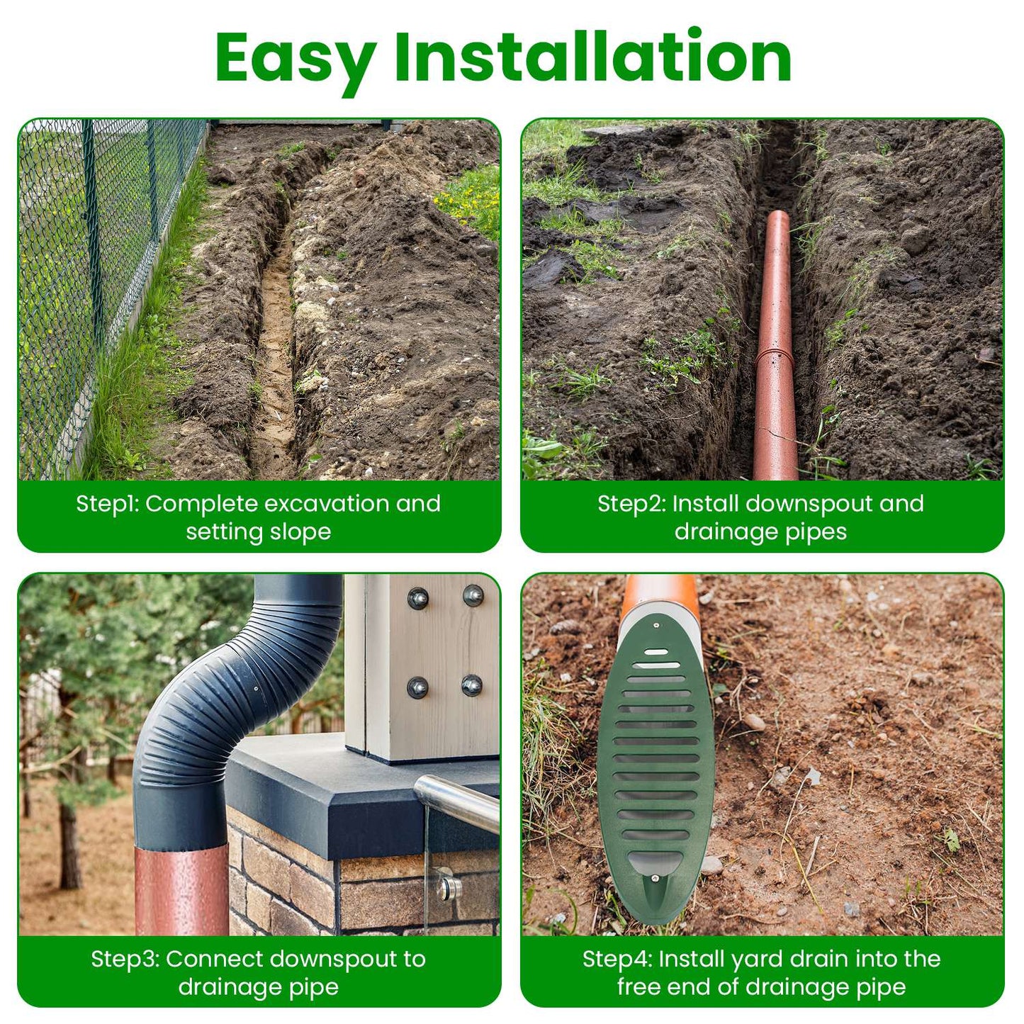 Green 4-Inch Angled Yard Drain Pipe with Sloped Grate for Foundation Drainage