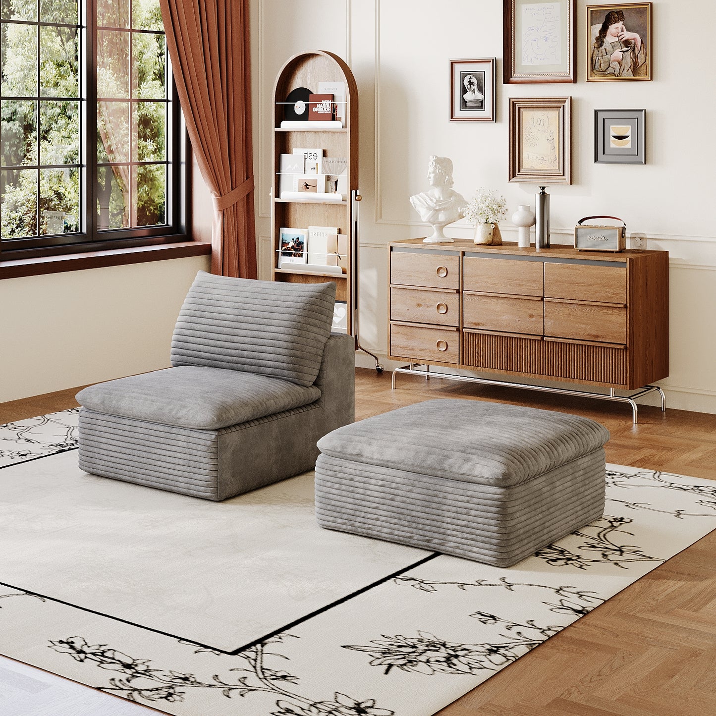 Modular Middle Seat with Ottoman - Grey Fabric