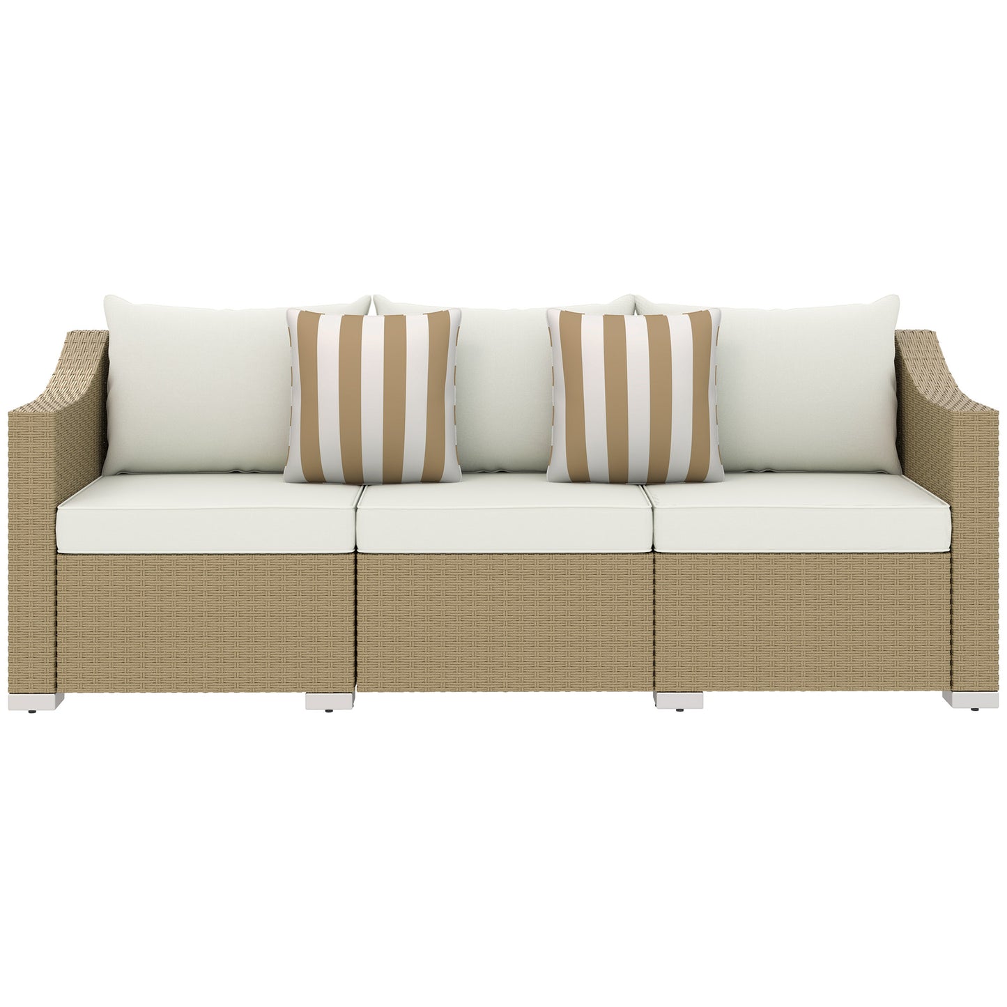 Cream White Rattan 3-Seater Patio Sofa with Cushions & Pillows