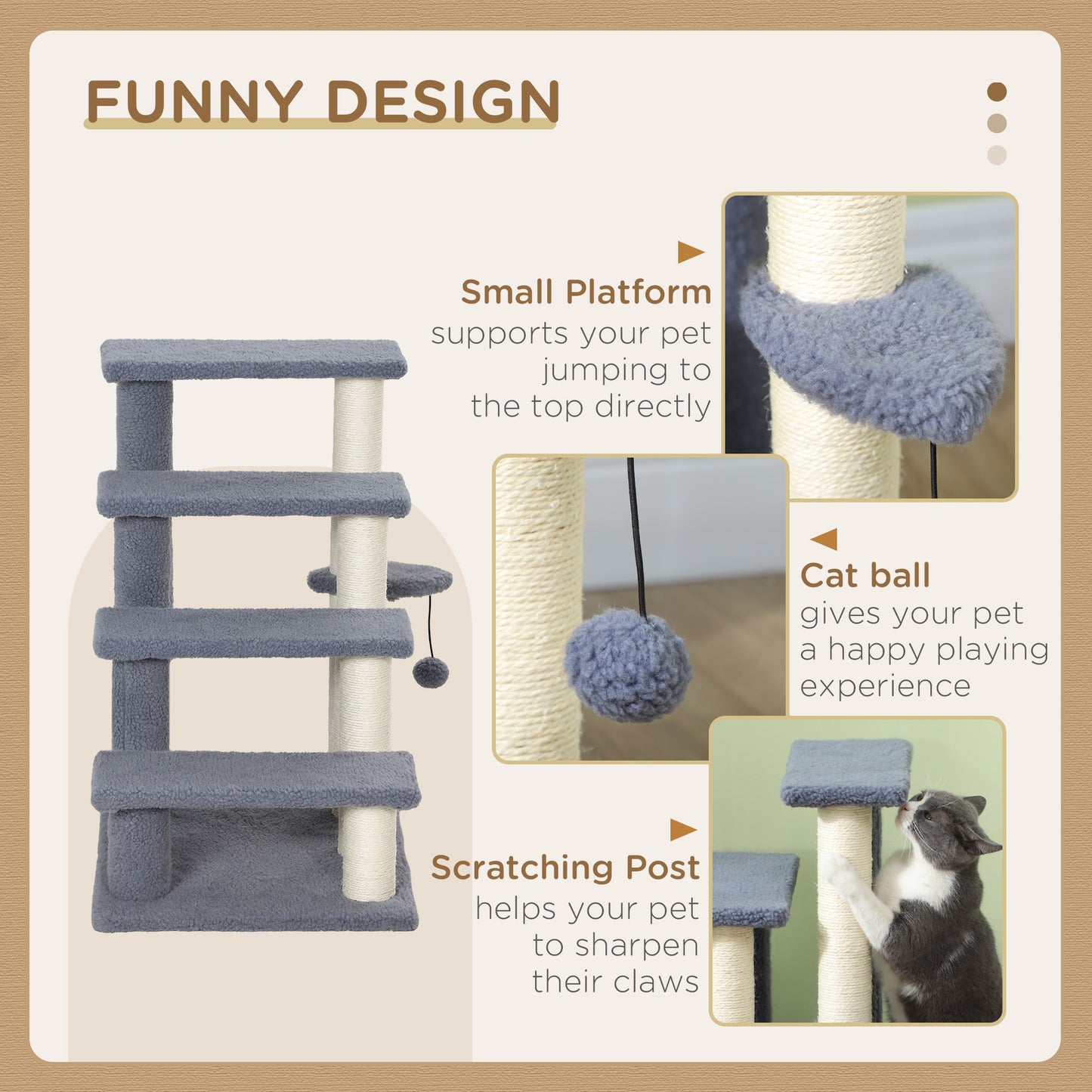 Cat Steps with Scratching Posts for High Beds & Sofas - Gray, 4 Levels