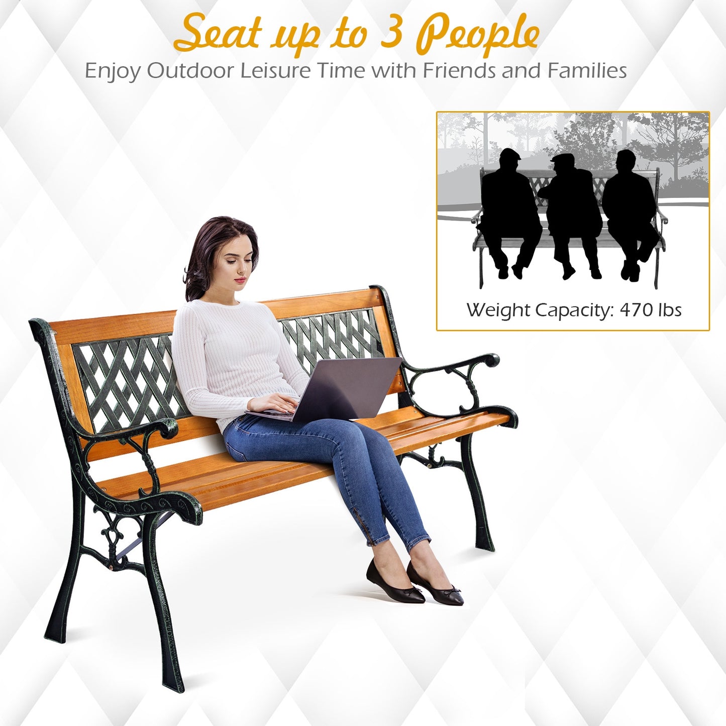 Cast Iron Outdoor Patio Bench - Solid Wood Seat, 463 lbs Capacity