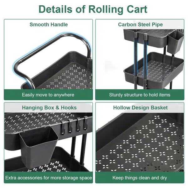 3 Tier Rolling Utility Cart Movable Storage Organizer With Mesh