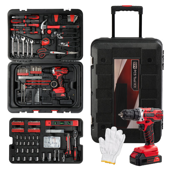 599-Piece Power Tool Set with 21V Cordless Drill and Rolling Toolbox